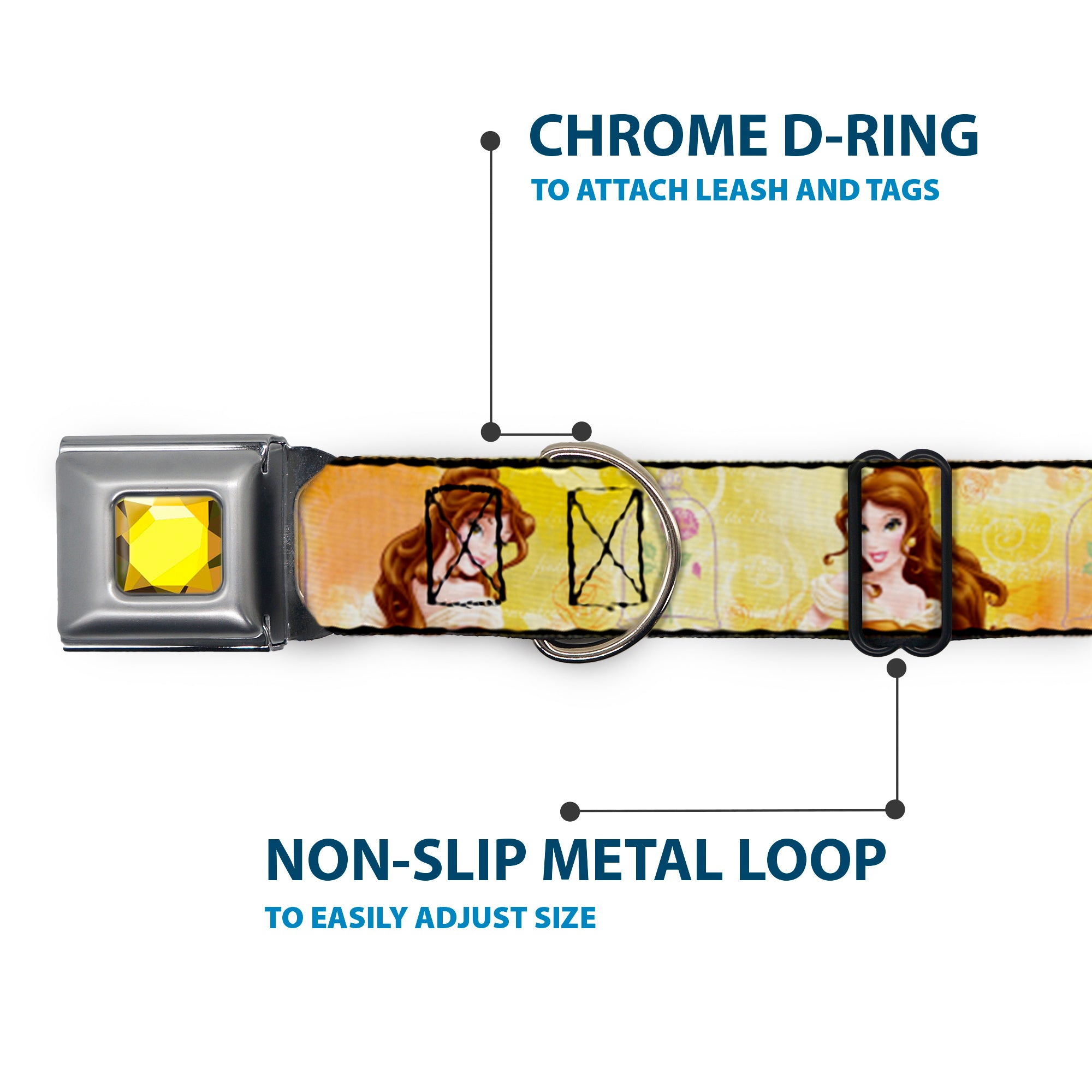 Princess Gem CLOSE-UP Full Color Yellow Seatbelt Buckle Collar - Belle Poses/Enchanted Rose/Story Script Yellow/Pinks