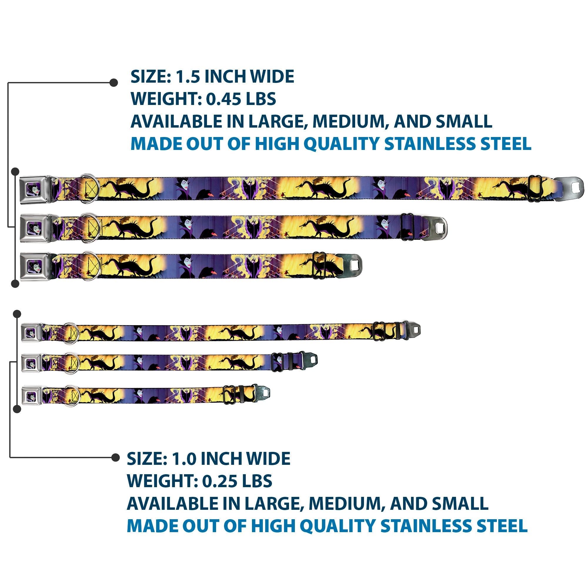 Maleficent Face Full Color Purple Fade Seatbelt Buckle Collar - Maleficent Poses