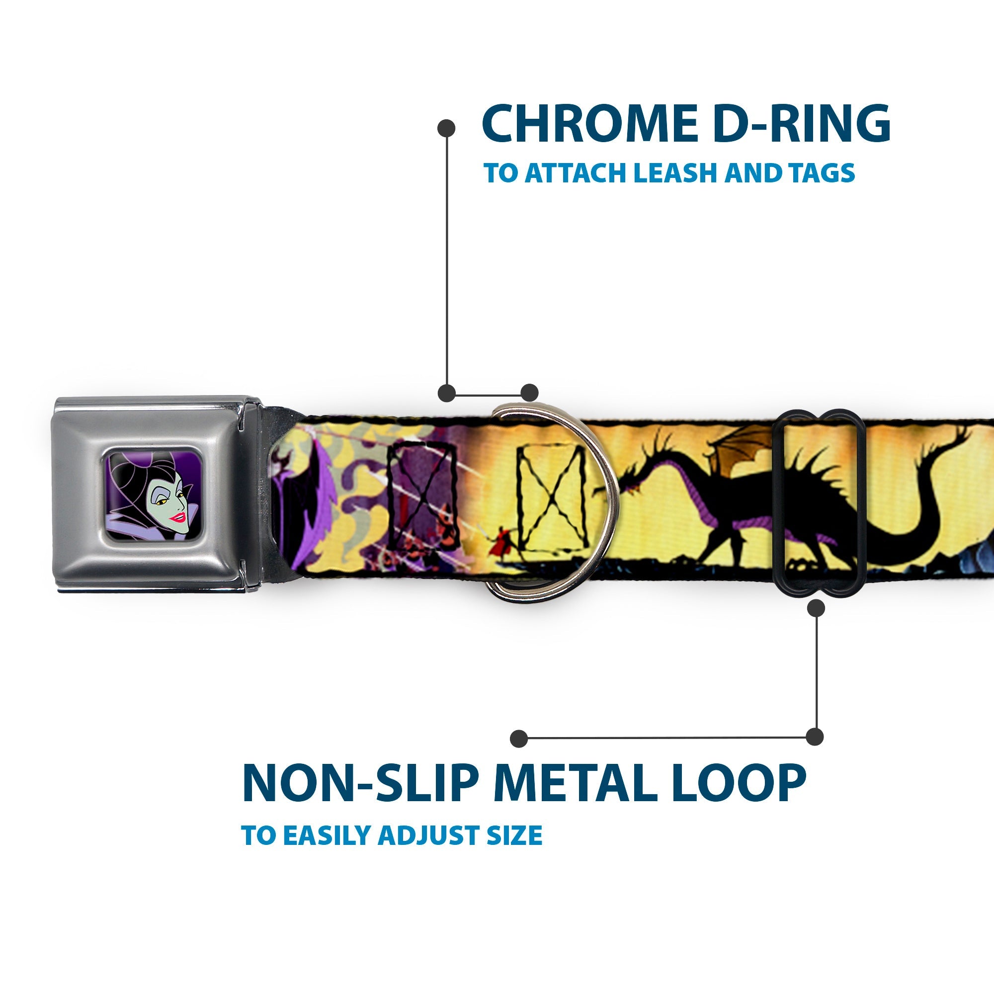 Maleficent Face Full Color Purple Fade Seatbelt Buckle Collar - Maleficent Poses