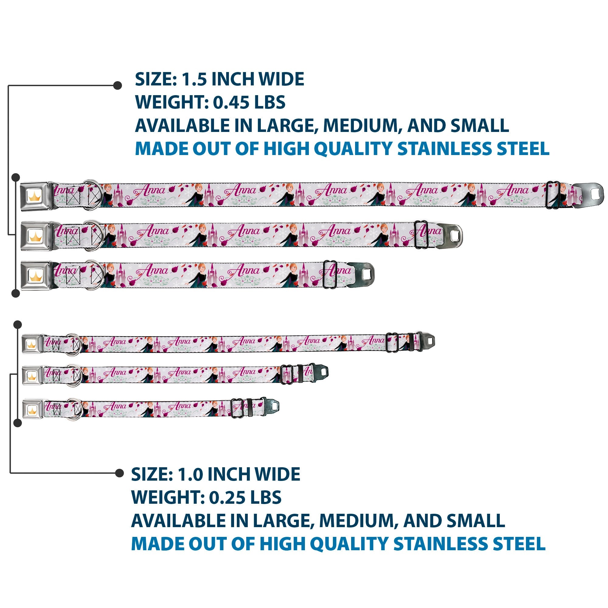 Disney Princess Crown Full Color Golds Seatbelt Buckle Collar - Frozen Anna Castle Pose with Flowers and Script Grays/Pinks