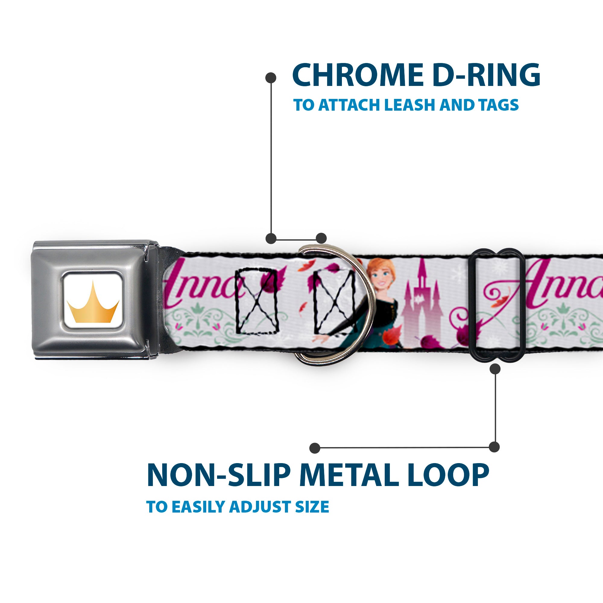 Disney Princess Crown Full Color Golds Seatbelt Buckle Collar - Frozen Anna Castle Pose with Flowers and Script Grays/Pinks
