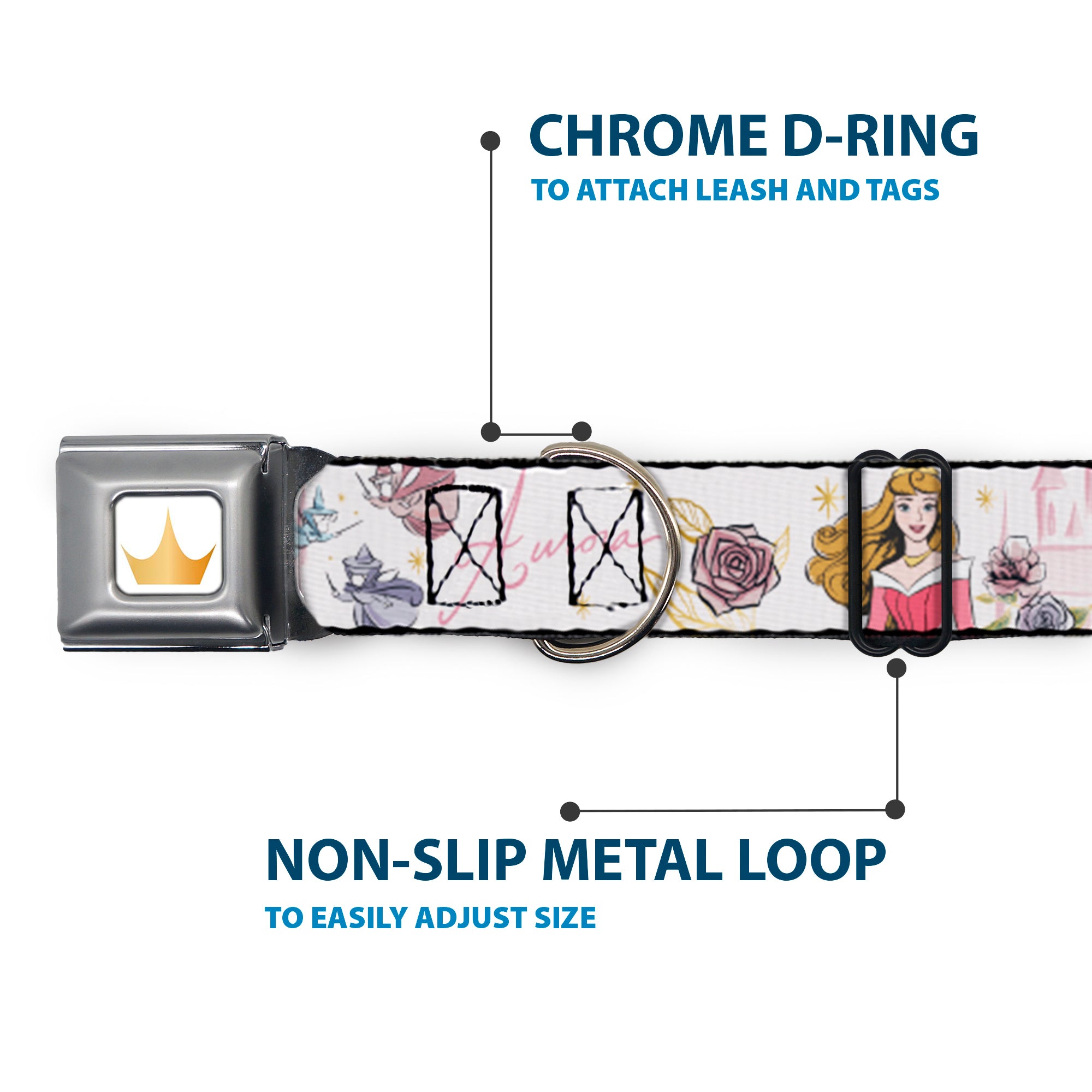 Disney Princess Crown Full Color Golds Seatbelt Buckle Collar - Sleeping Beauty Aurora Castle and Fairy Godmothers Pose with Script and Flowers White/Pinks