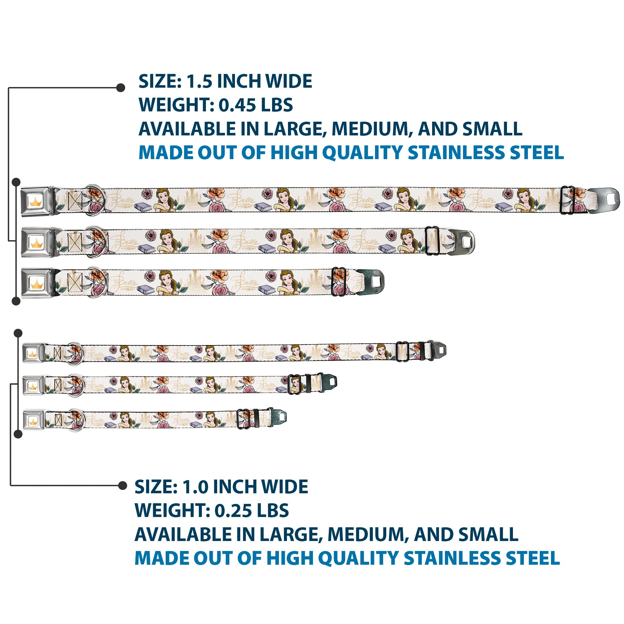 Disney Princess Crown Full Color Golds Seatbelt Buckle Collar - Beauty and the Beast Belle Castle Pose with Script and Flowers White/Yellows