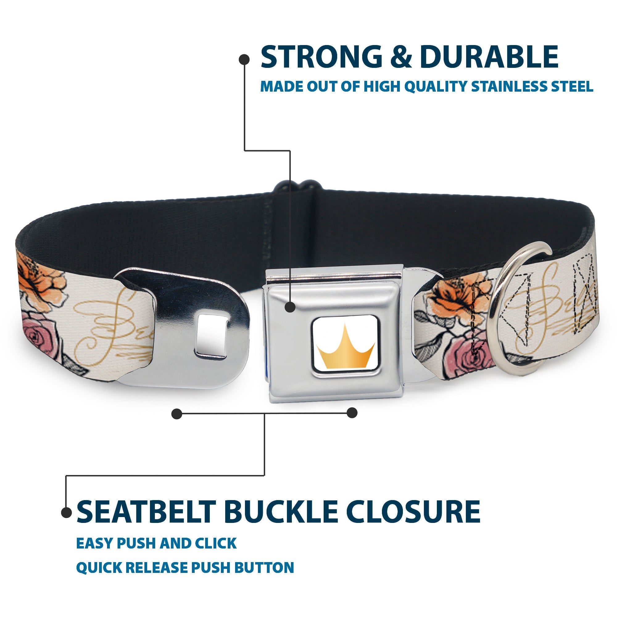 Disney Princess Crown Full Color Golds Seatbelt Buckle Collar - Beauty and the Beast Belle Castle Pose with Script and Flowers White/Yellows