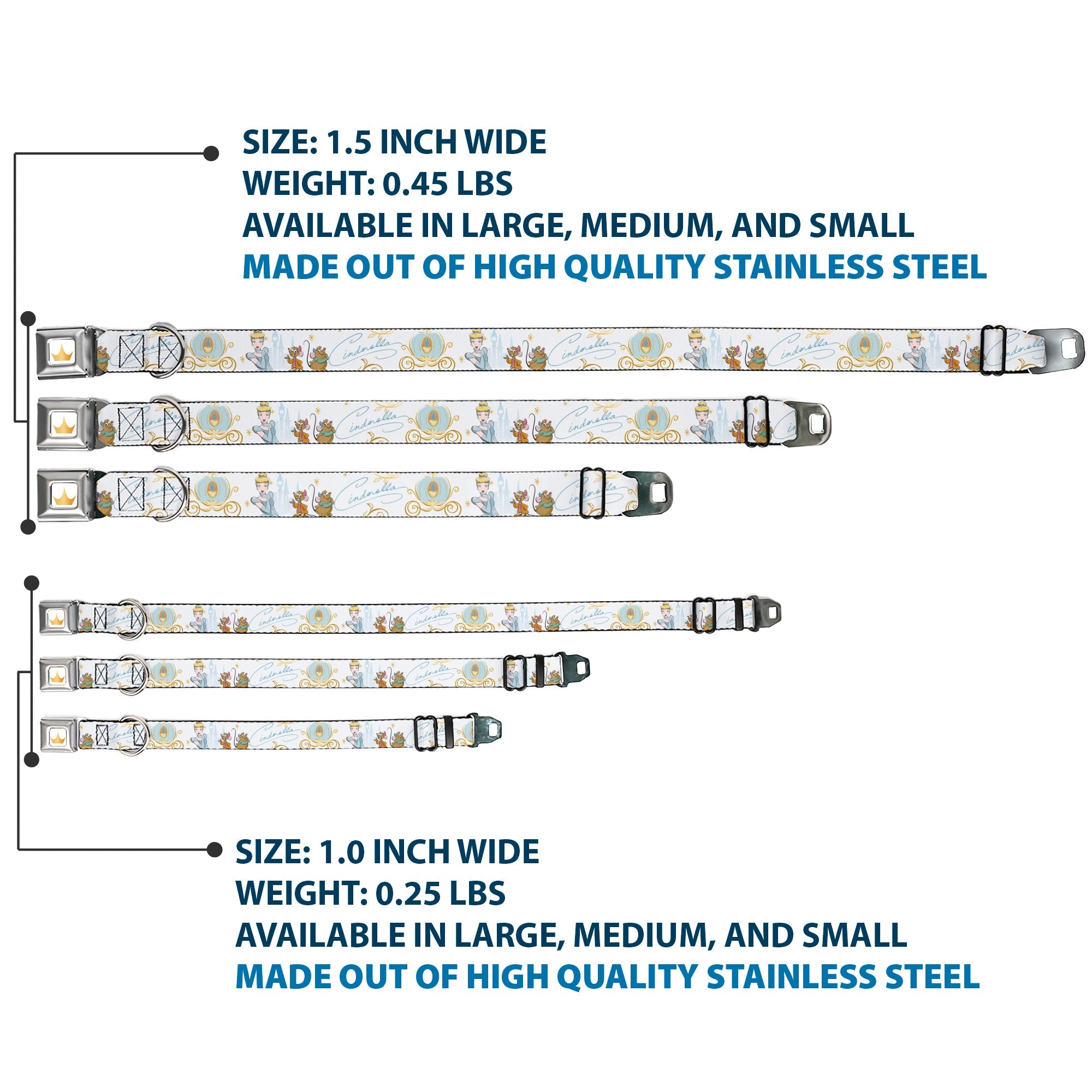 Disney Princess Crown Full Color Golds Seatbelt Buckle Collar - Cinderella Pumpkin Coach and Mice Pose with Script White/Blues