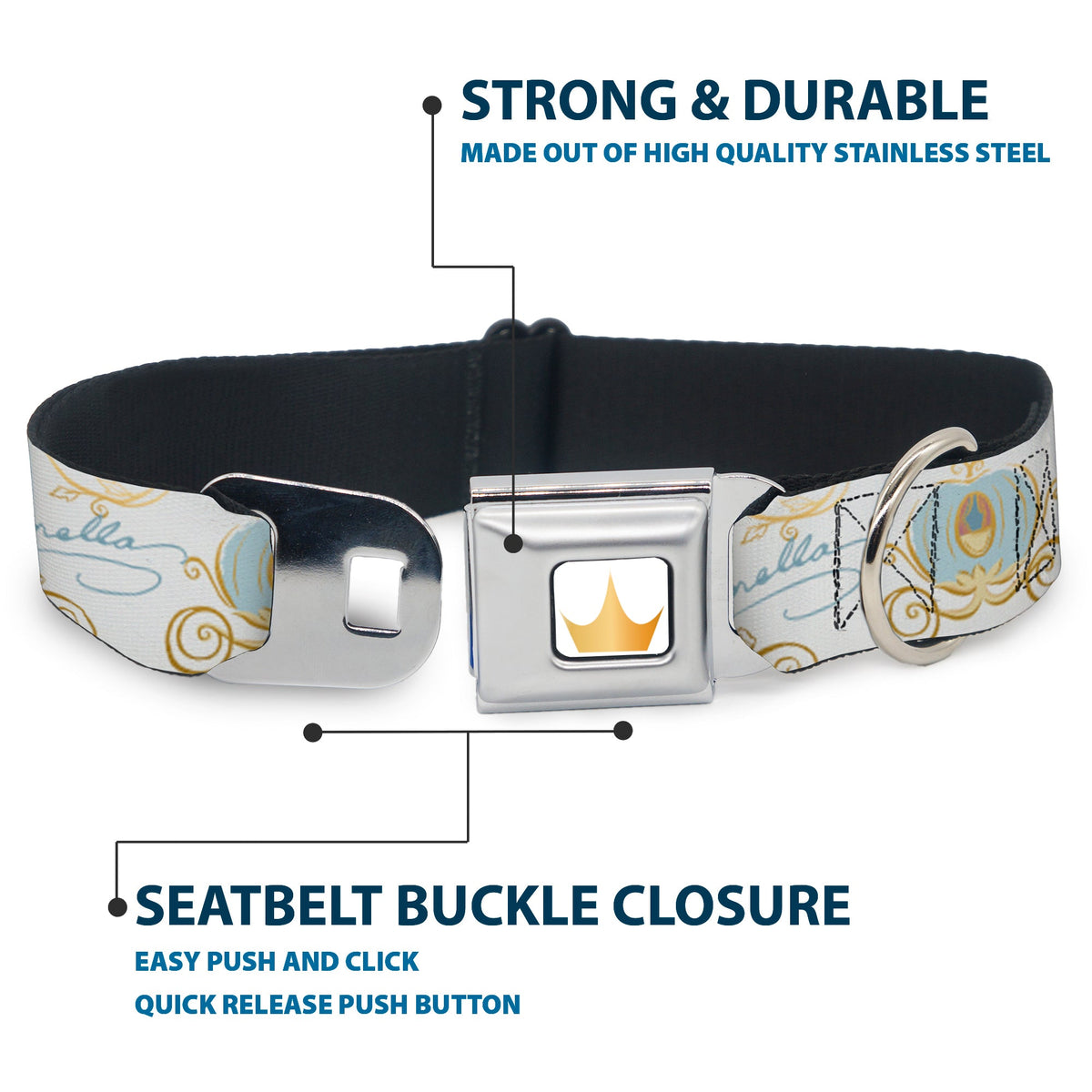 Disney Princess Crown Full Color Golds Seatbelt Buckle Collar - Cinderella Pumpkin Coach and Mice Pose with Script White/Blues