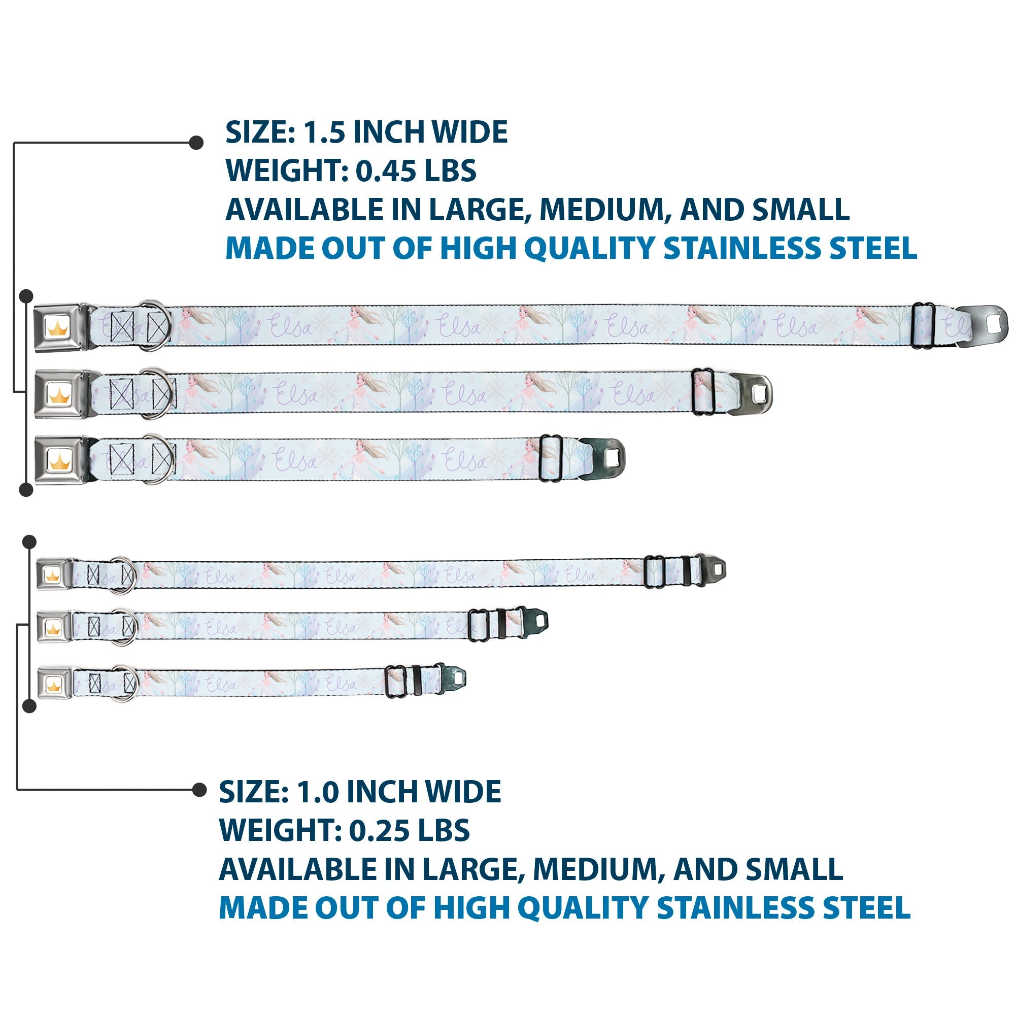 Disney Princess Crown Full Color Golds Seatbelt Buckle Collar - Frozen Elsa Snowflake Pose with Trees and Script Blues/Purples