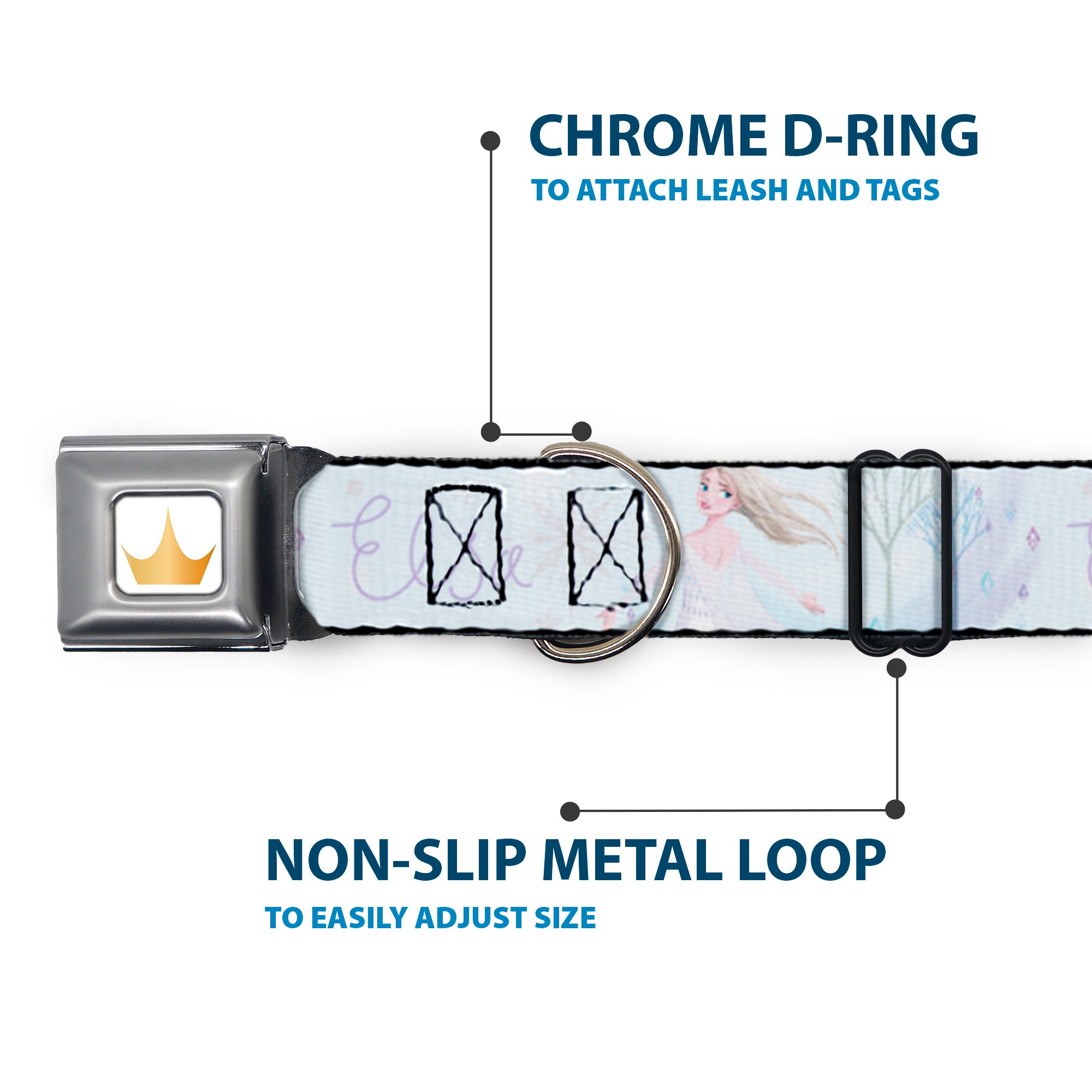 Disney Princess Crown Full Color Golds Seatbelt Buckle Collar - Frozen Elsa Snowflake Pose with Trees and Script Blues/Purples