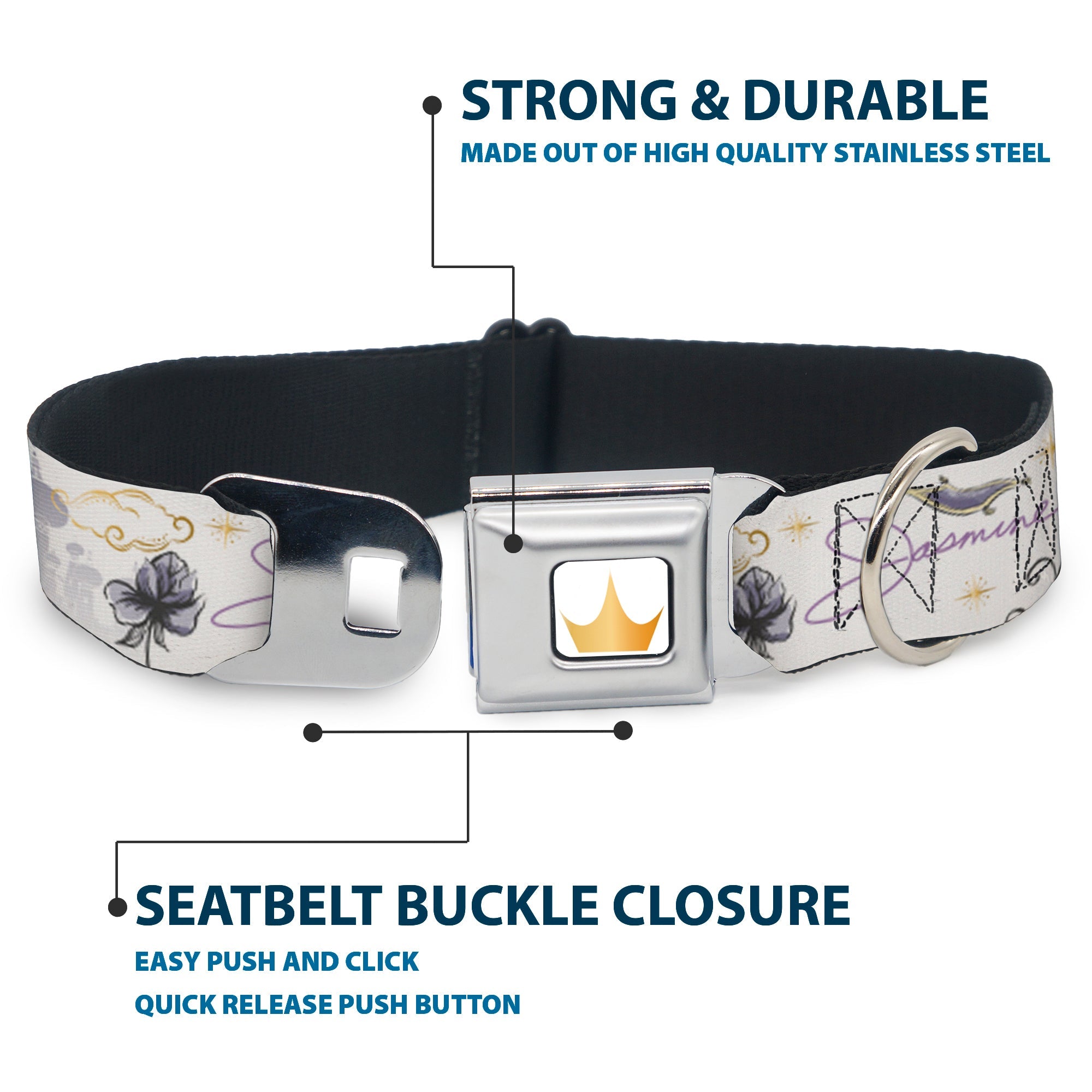 Disney Princess Crown Full Color Golds Seatbelt Buckle Collar - Aladdin Jasmine Palace Pose with Script and Flowers White/Purples