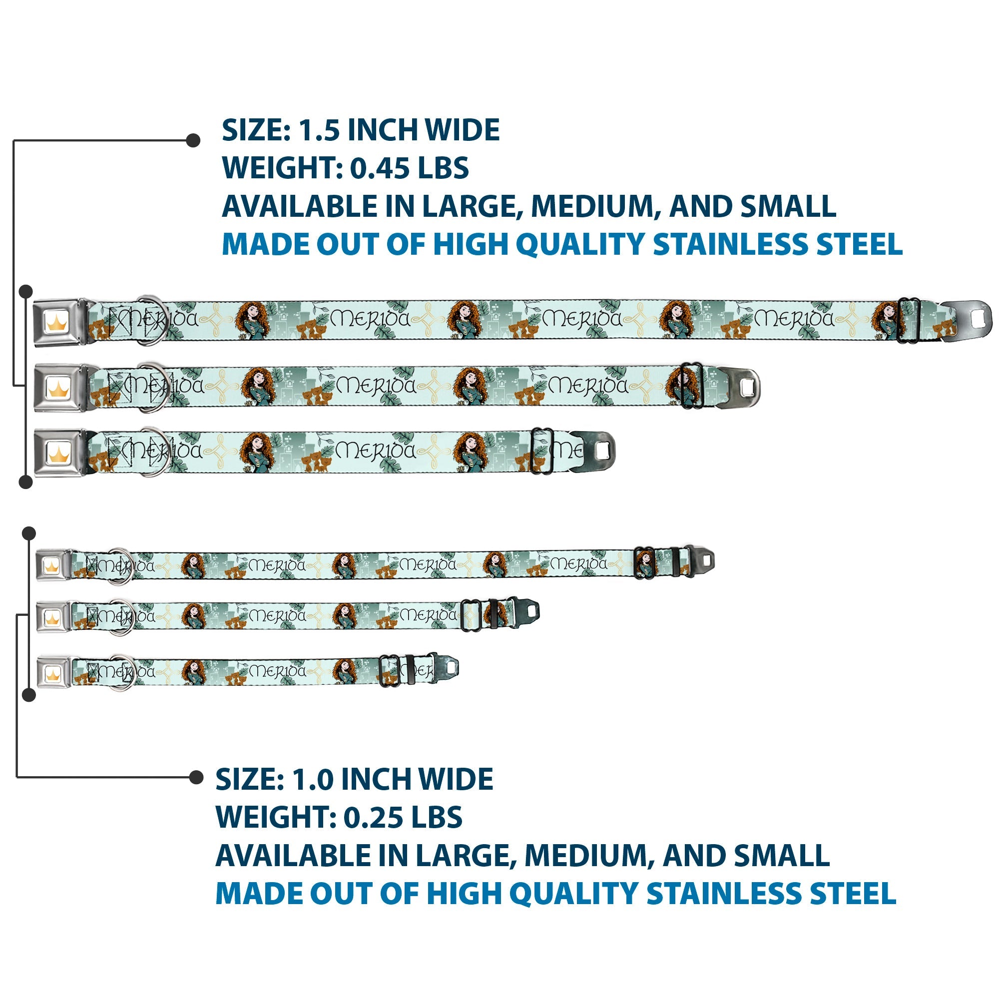 Disney Princess Crown Full Color Golds Seatbelt Buckle Collar - Brave Merida Castle and Three Bear Brothers Pose with Script Greens