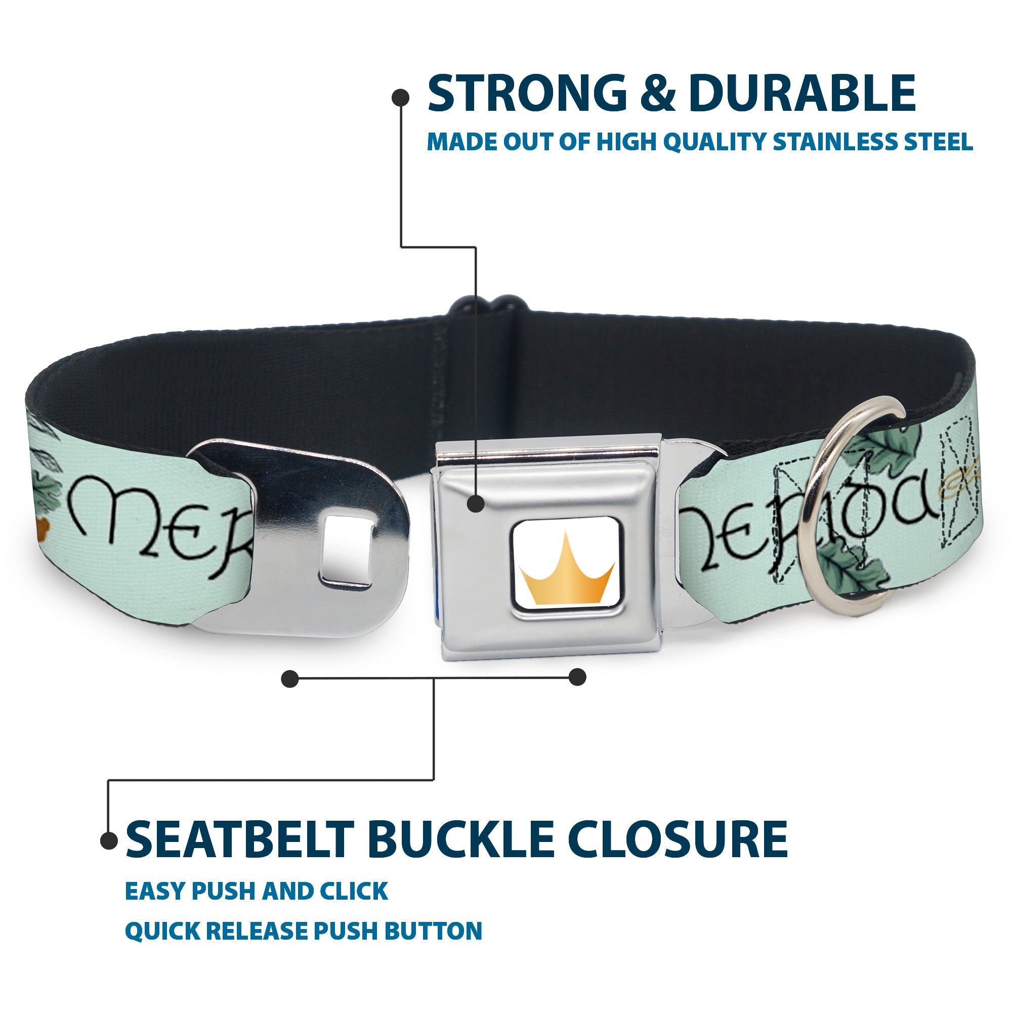 Disney Princess Crown Full Color Golds Seatbelt Buckle Collar - Brave Merida Castle and Three Bear Brothers Pose with Script Greens