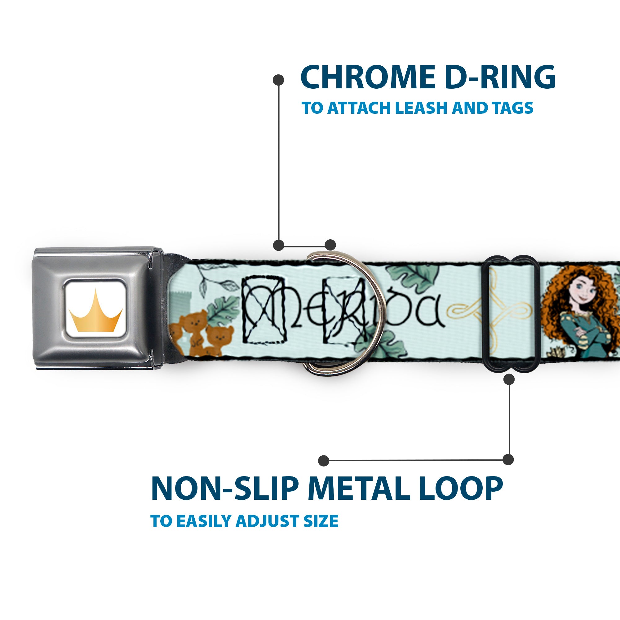 Disney Princess Crown Full Color Golds Seatbelt Buckle Collar - Brave Merida Castle and Three Bear Brothers Pose with Script Greens