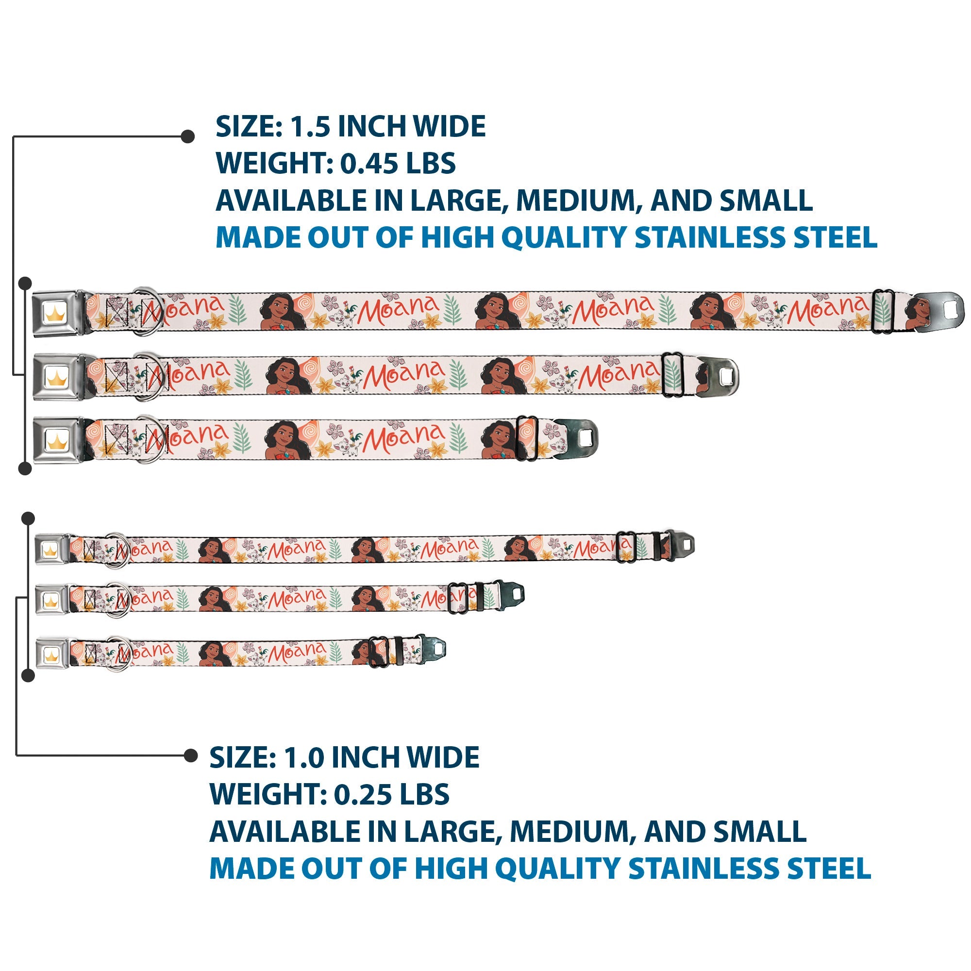 Disney Princess Crown Full Color Golds Seatbelt Buckle Collar - Moana with Pua and Hei Hei Sail Pose with Script and Flowers Beige/Orange