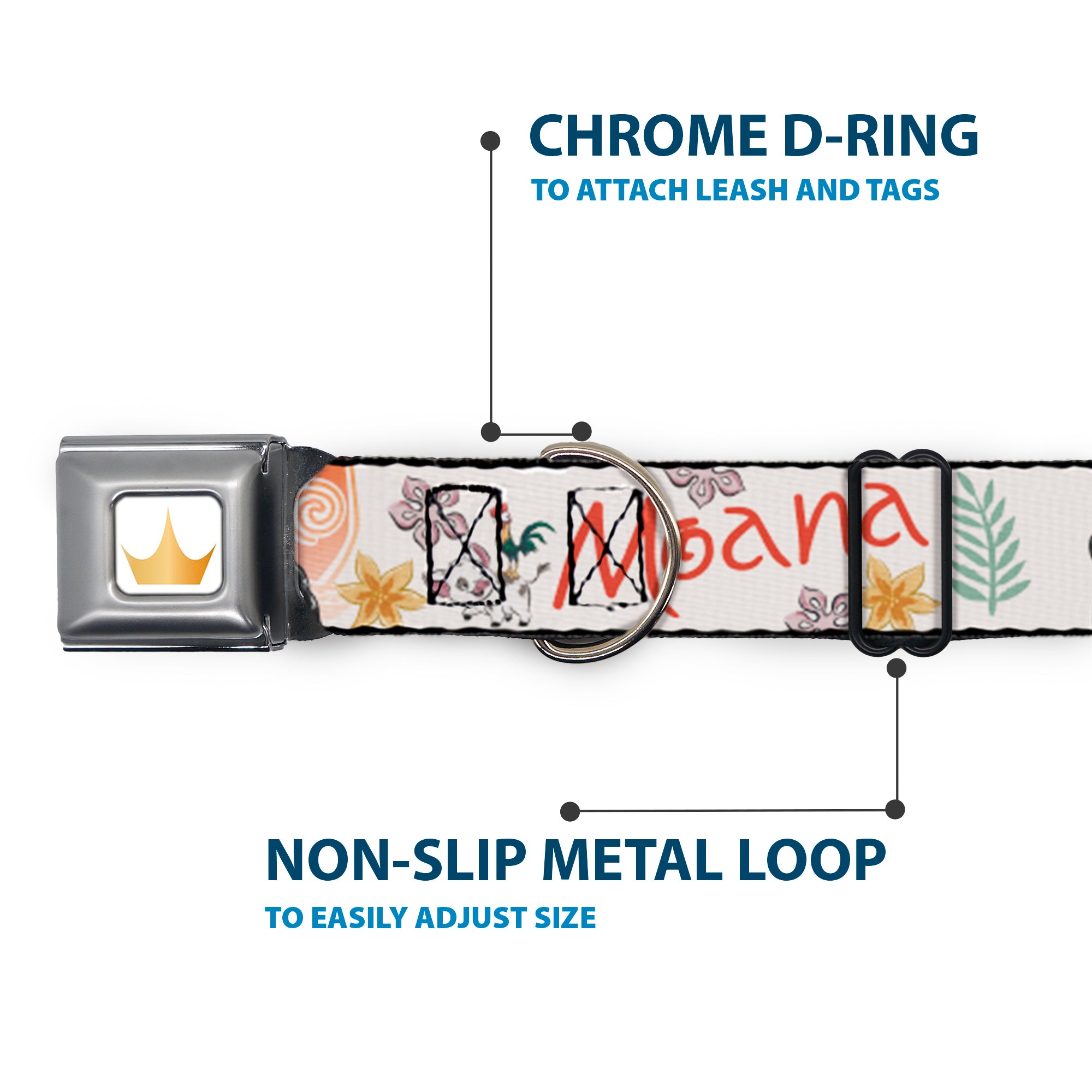 Disney Princess Crown Full Color Golds Seatbelt Buckle Collar - Moana with Pua and Hei Hei Sail Pose with Script and Flowers Beige/Orange