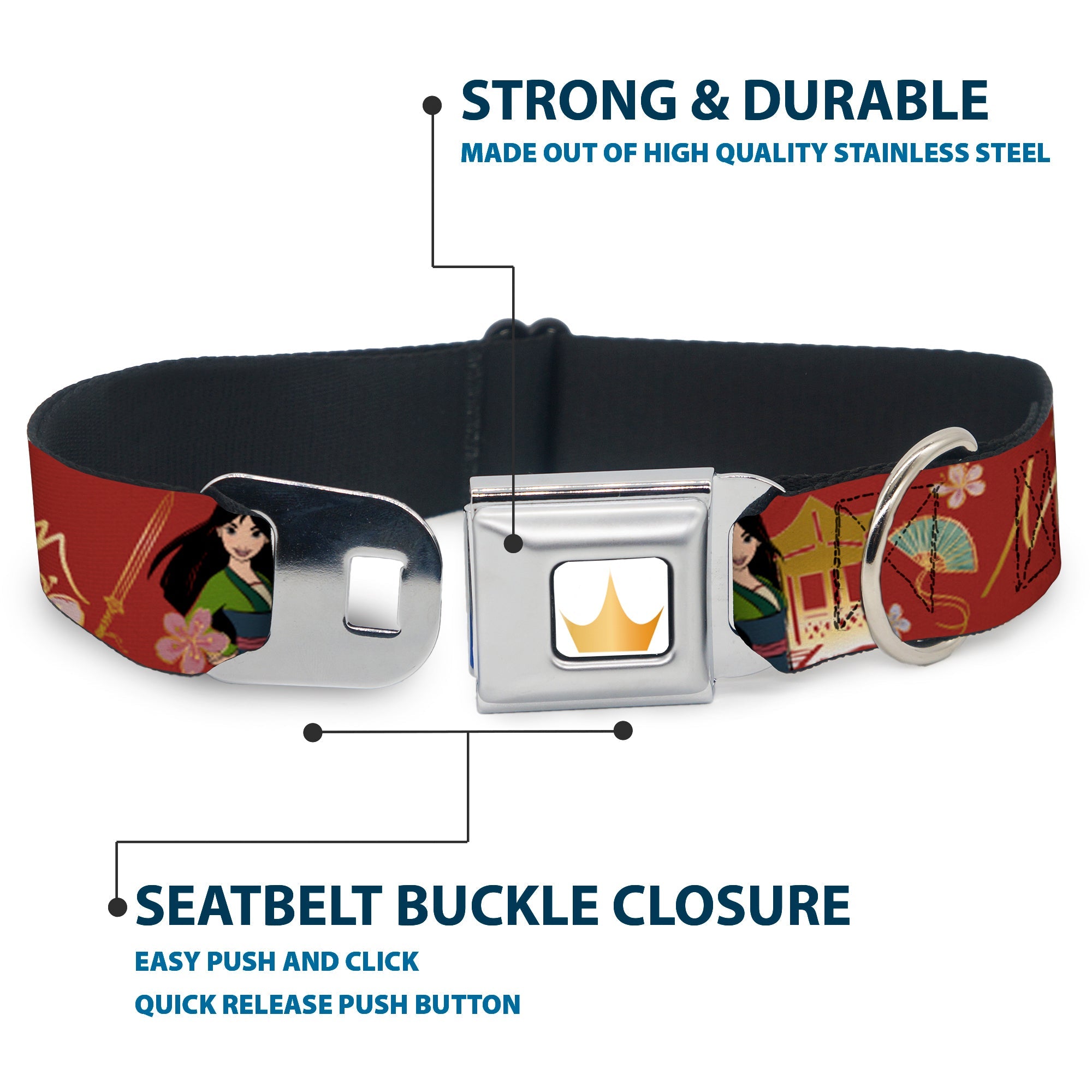 Disney Princess Crown Full Color Golds Seatbelt Buckle Collar - Mulan Gazebo Pose with Flowers and Script Red/Golds