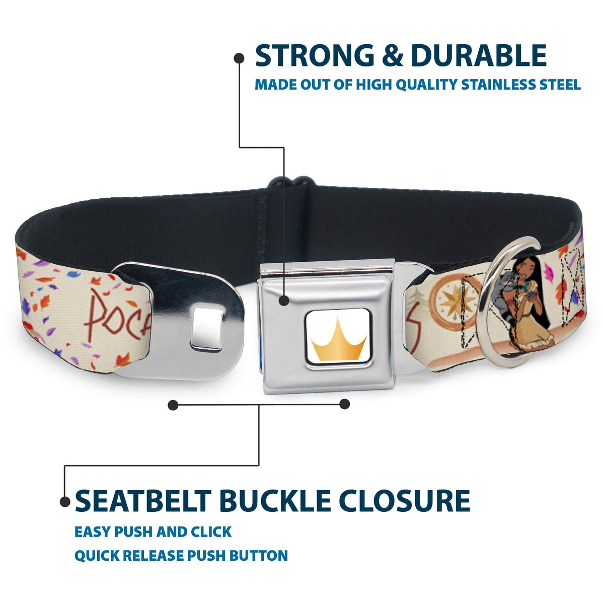 Disney Princess Crown Full Color Golds Seatbelt Buckle Collar - Pocahontas and Meeko Compass Pose with Script and Leaves Beige