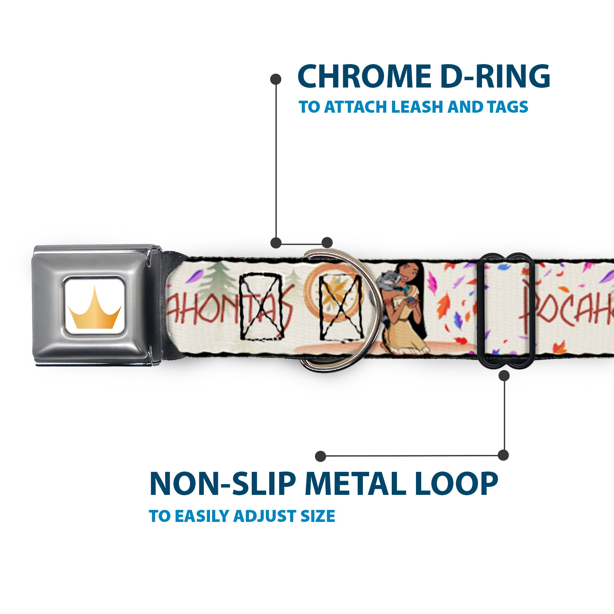 Disney Princess Crown Full Color Golds Seatbelt Buckle Collar - Pocahontas and Meeko Compass Pose with Script and Leaves Beige