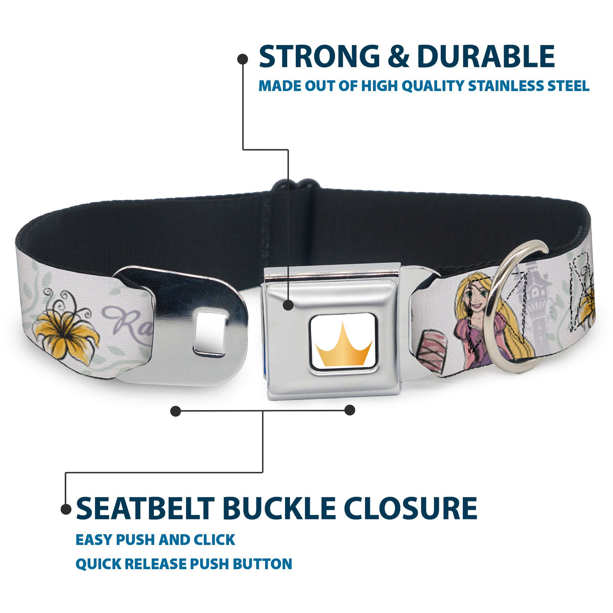 Disney Princess Crown Full Color Golds Seatbelt Buckle Collar - Rapunzel Castle and Pascual Pose with Script and Flowers White/Purples