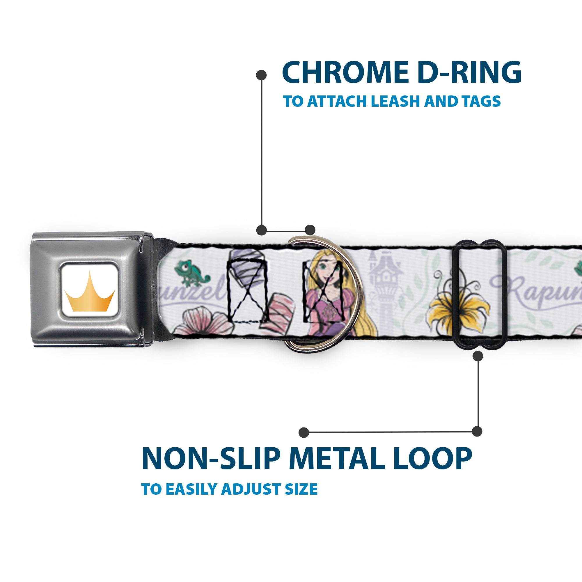 Disney Princess Crown Full Color Golds Seatbelt Buckle Collar - Rapunzel Castle and Pascual Pose with Script and Flowers White/Purples