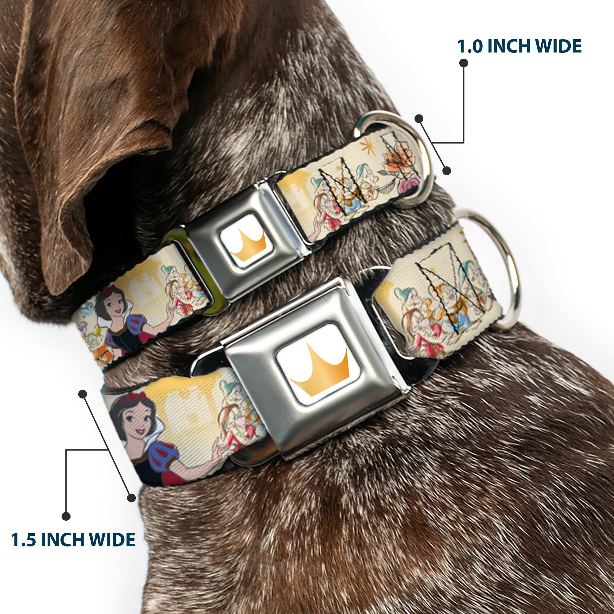 Disney Princess Crown Full Color Golds Seatbelt Buckle Collar - Snow White and the Seven Dwarfs with Script and Flowers Yellows