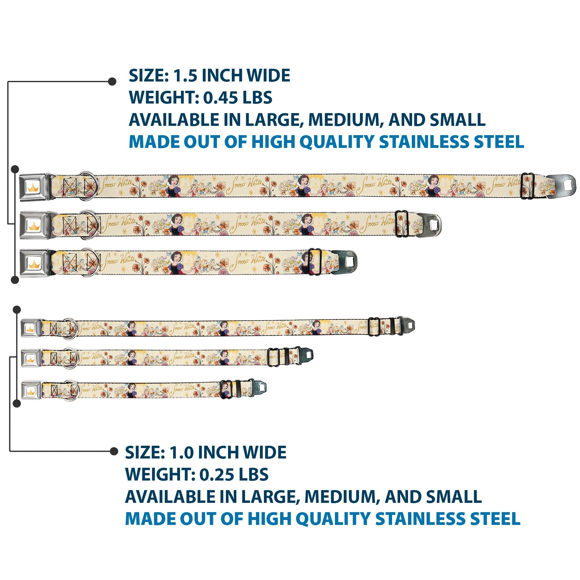 Disney Princess Crown Full Color Golds Seatbelt Buckle Collar - Snow White and the Seven Dwarfs with Script and Flowers Yellows