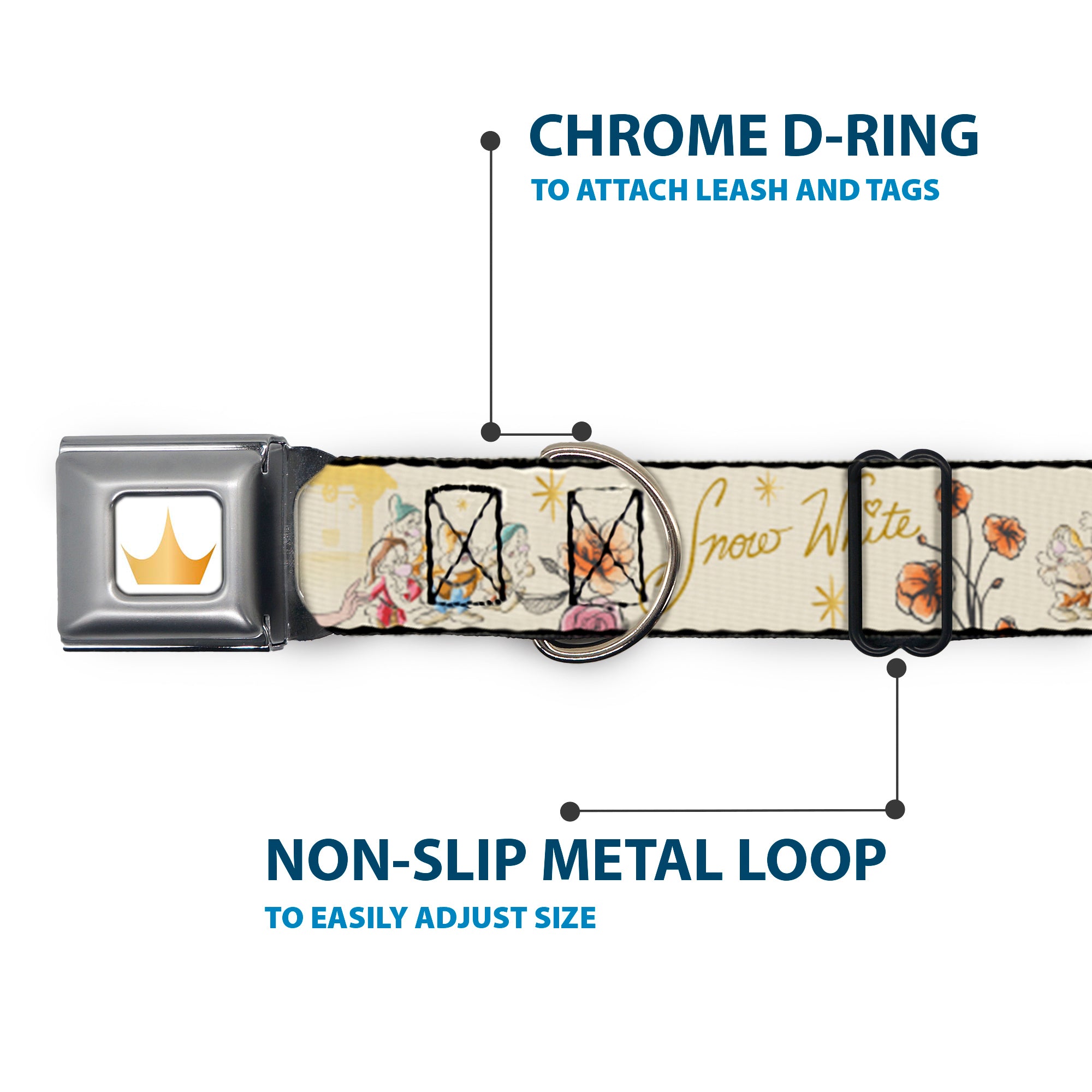 Disney Princess Crown Full Color Golds Seatbelt Buckle Collar - Snow White and the Seven Dwarfs with Script and Flowers Yellows