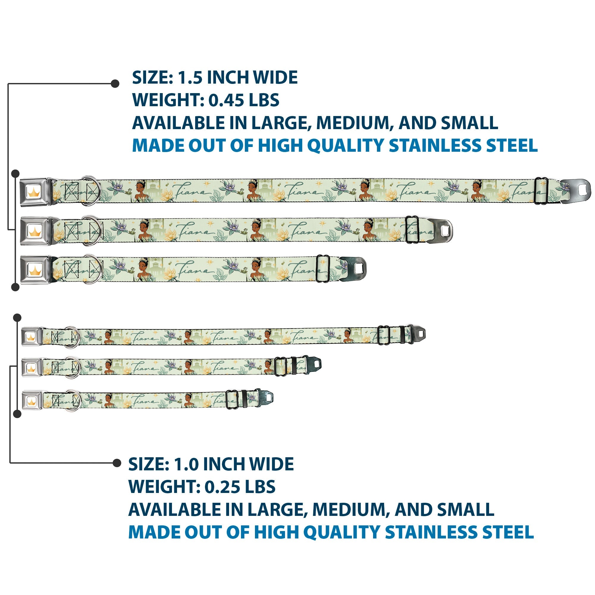 Disney Princess Crown Full Color Golds Seatbelt Buckle Collar - The Princess and the Frog Tiana Palace Pose with Script and Flowers Greens