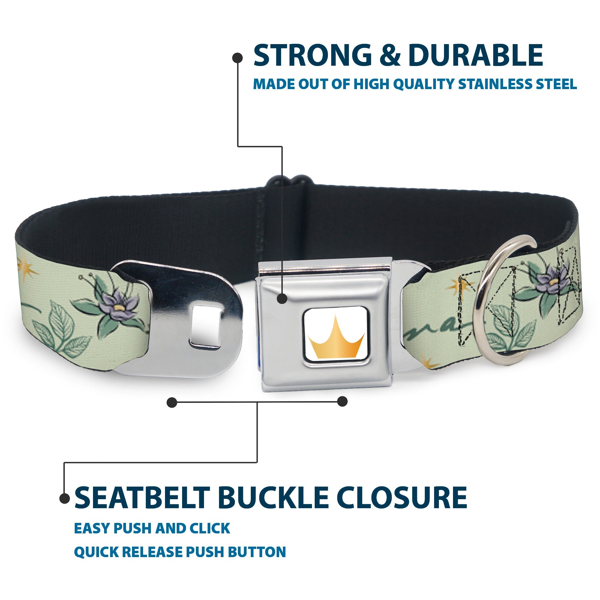 Disney Princess Crown Full Color Golds Seatbelt Buckle Collar - The Princess and the Frog Tiana Palace Pose with Script and Flowers Greens