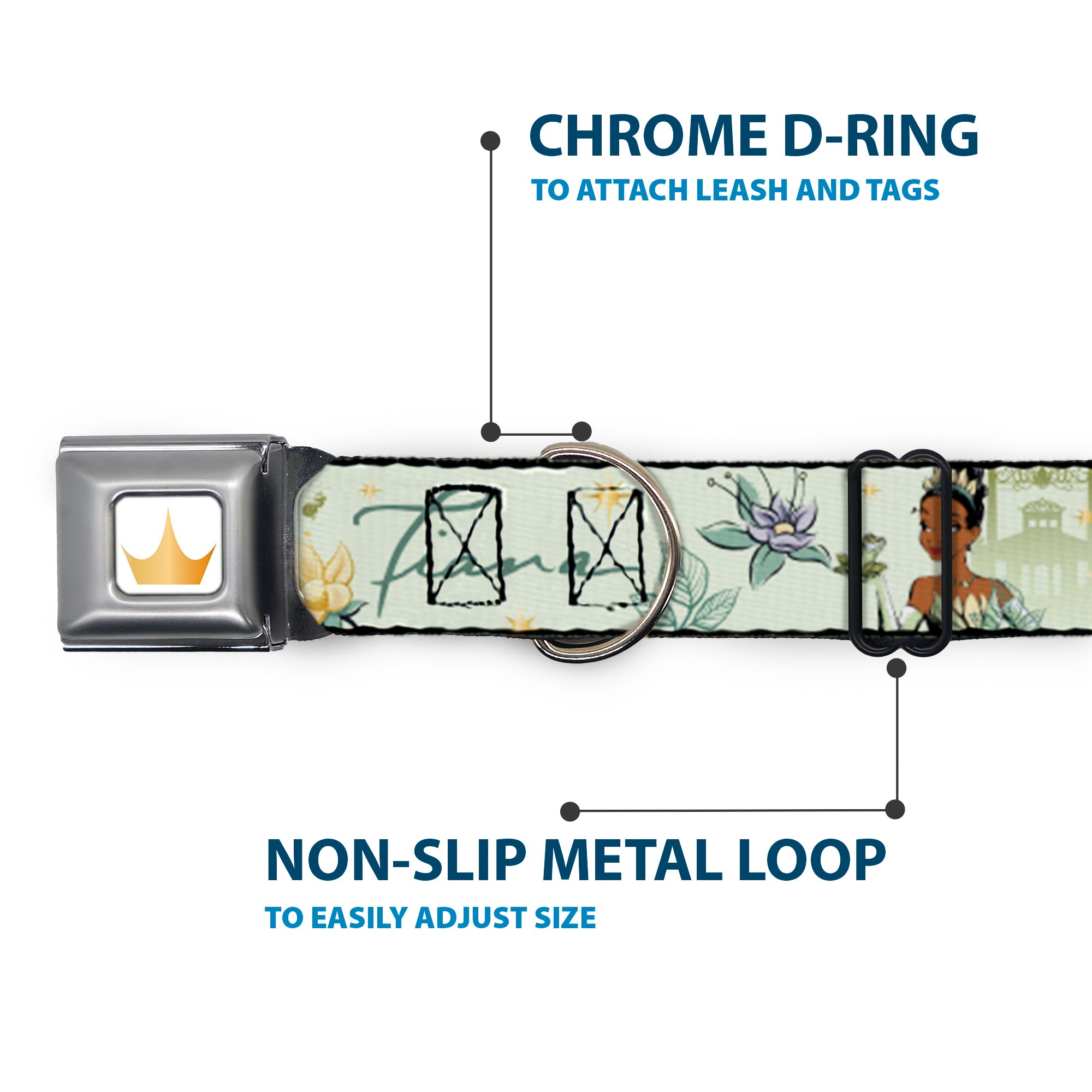 Disney Princess Crown Full Color Golds Seatbelt Buckle Collar - The Princess and the Frog Tiana Palace Pose with Script and Flowers Greens