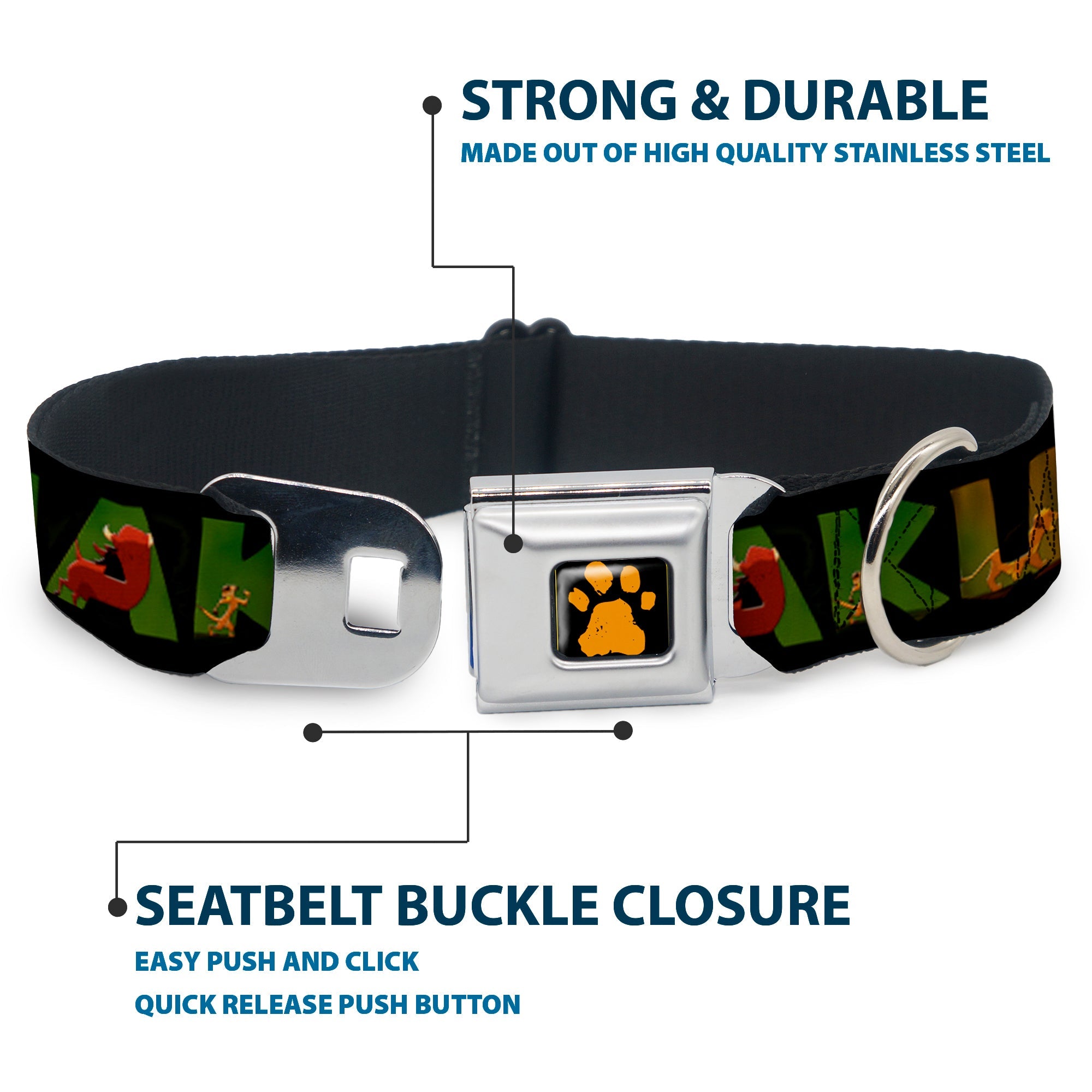 Lion King Paw Full Color Black Gold Seatbelt Buckle Collar - HAKUNA MATATA Black/Lion King Scenes