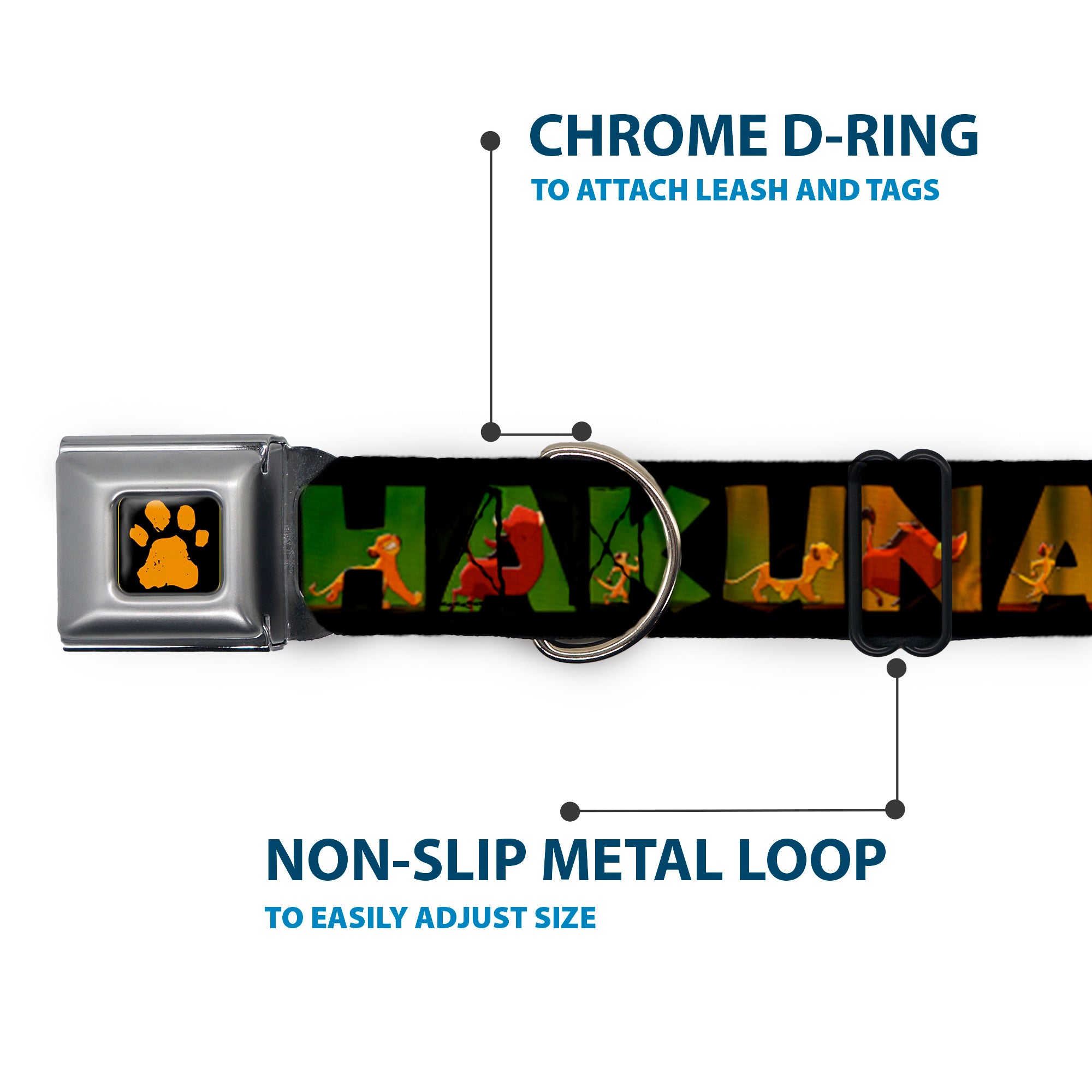 Lion King Paw Full Color Black Gold Seatbelt Buckle Collar - HAKUNA MATATA Black/Lion King Scenes