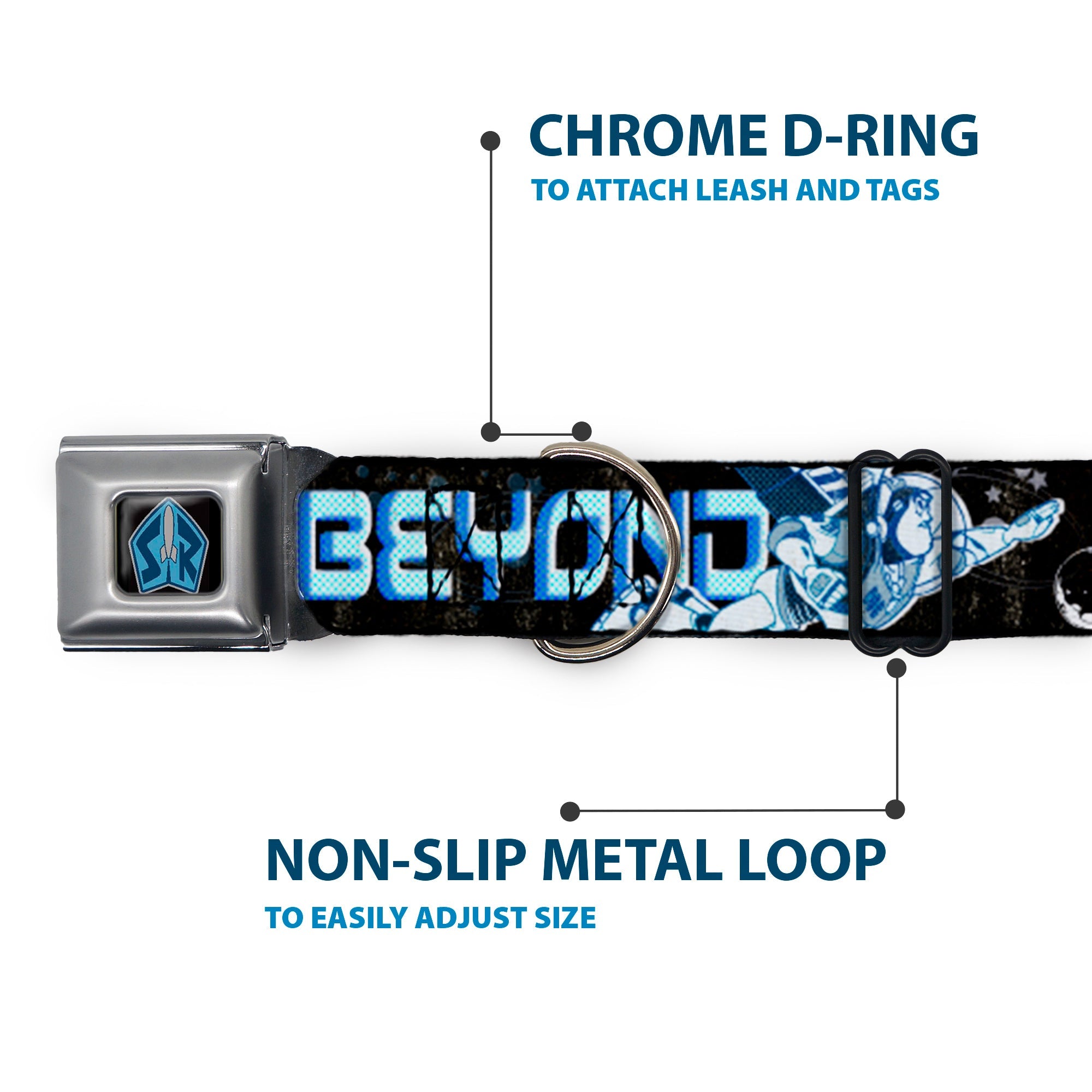Space Ranger SR Logo Full Color Black/Blue Seatbelt Buckle Collar - Buzz Poses/Stars TO INFINITY AND BEYOND Black/Blues