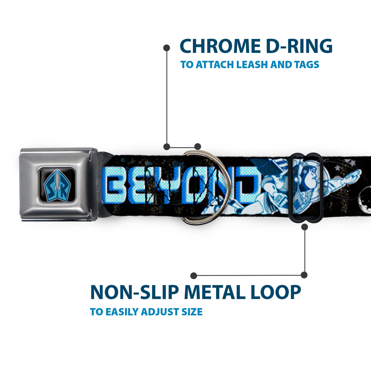 Space Ranger SR Logo Full Color Black/Blue Seatbelt Buckle Collar - Buzz Poses/Stars TO INFINITY AND BEYOND Black/Blues