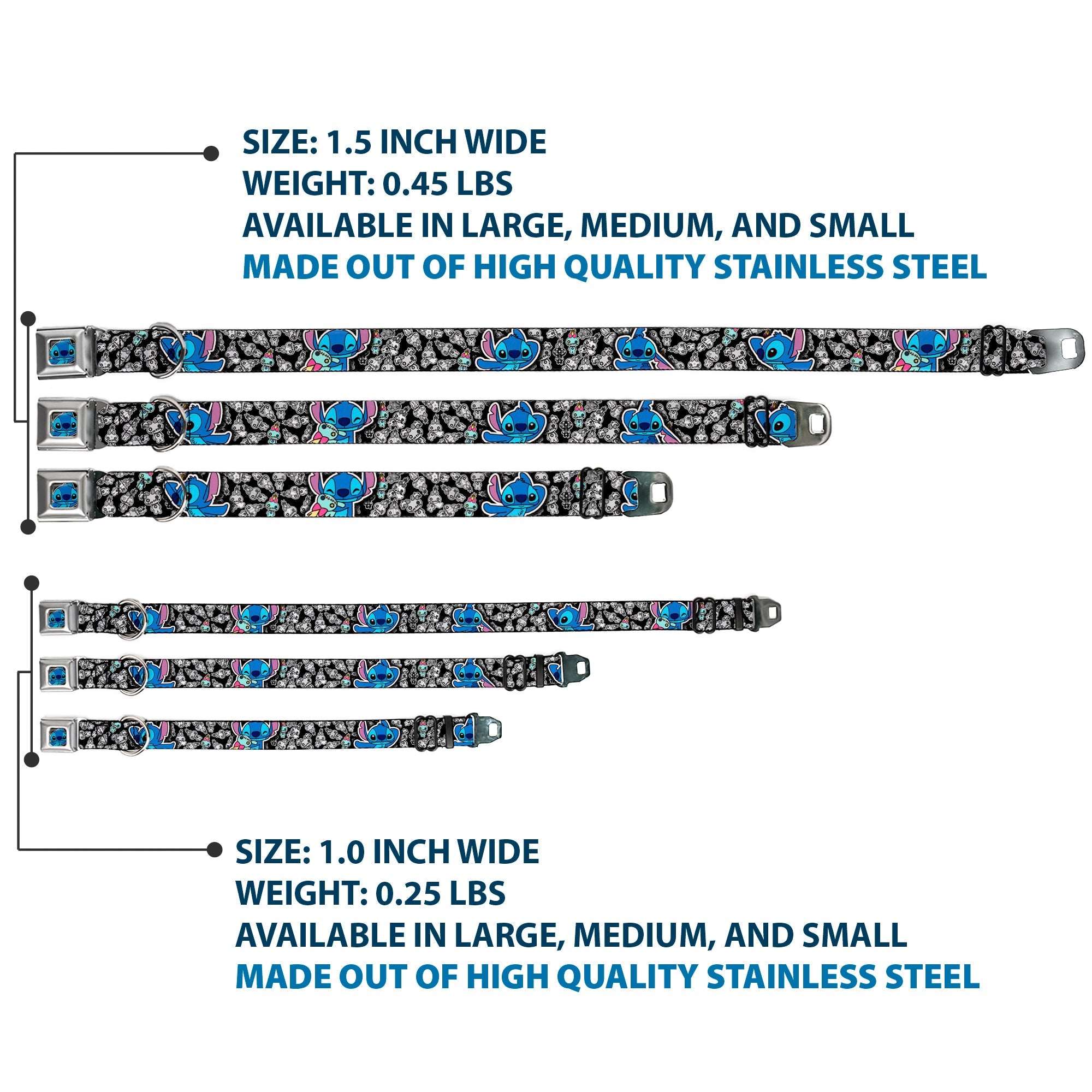 Stitch Face CLOSE-UP Full Color Seatbelt Buckle Collar - Stitch Poses/Mini Scrump Scattered
