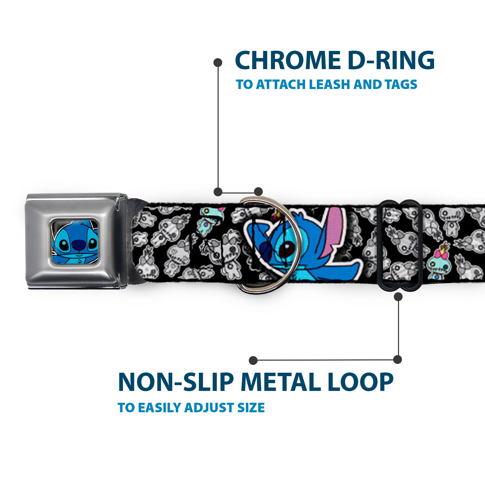 Stitch Face CLOSE-UP Full Color Seatbelt Buckle Collar - Stitch Poses/Mini Scrump Scattered