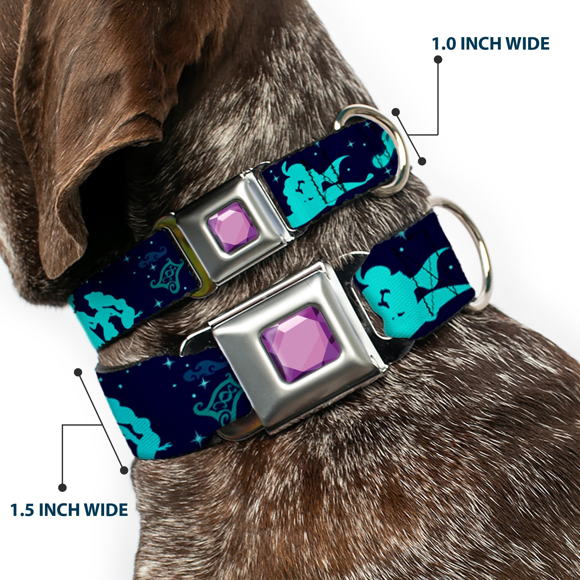 Princess Gem CLOSE-UP Full Color Purple Seatbelt Buckle Collar - Aladdin & Jasmine Silhouette A WHOLE NEW WORLD