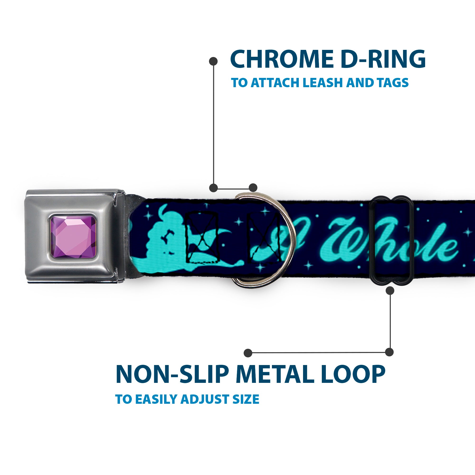 Princess Gem CLOSE-UP Full Color Purple Seatbelt Buckle Collar - Aladdin & Jasmine Silhouette A WHOLE NEW WORLD