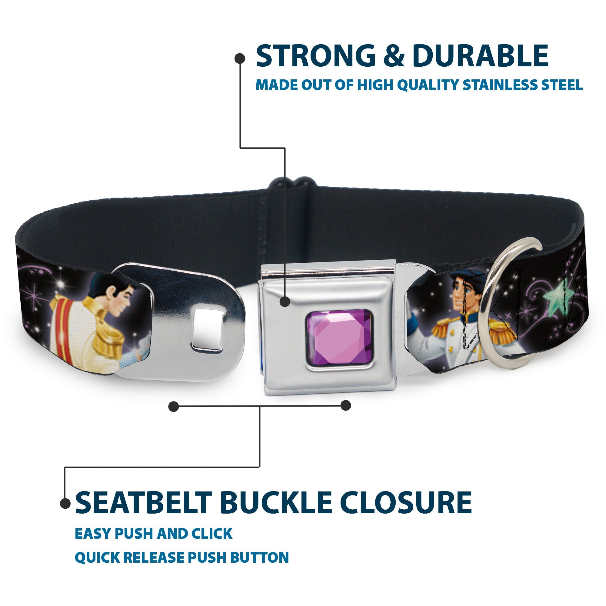 Princess Gem CLOSE-UP Full Color Purple Seatbelt Buckle Collar - Disney Princesses & Princes Dancing