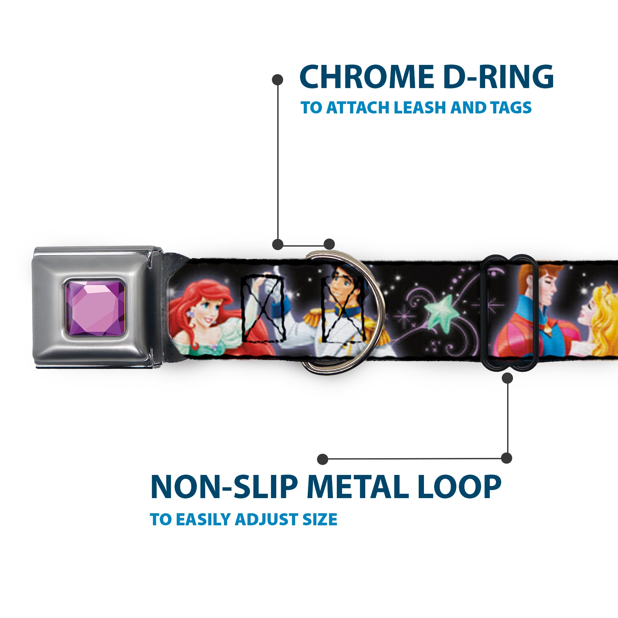 Princess Gem CLOSE-UP Full Color Purple Seatbelt Buckle Collar - Disney Princesses & Princes Dancing