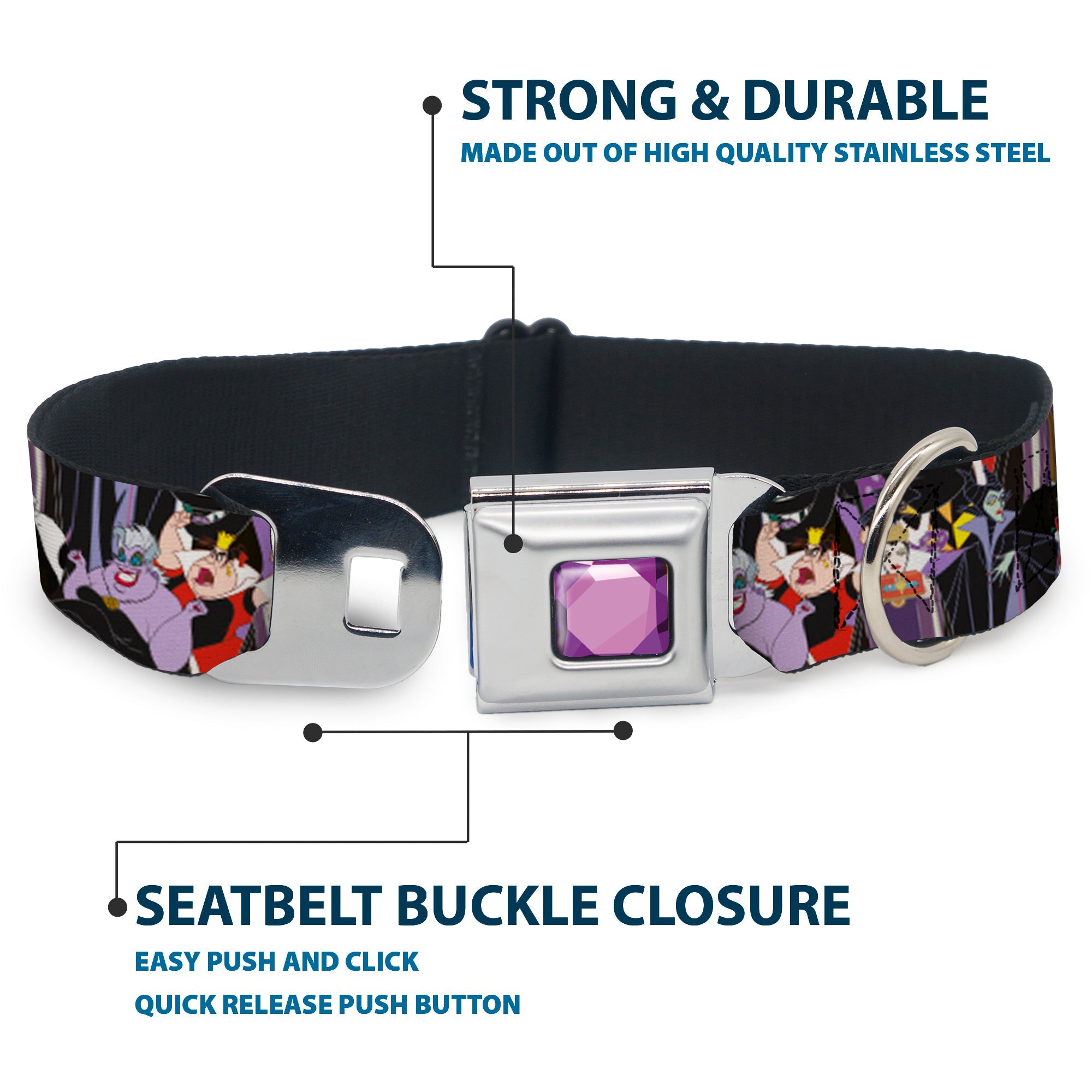Princess Gem CLOSE-UP Full Color Purple Seatbelt Buckle Collar - 5-Disney Villains Stacked