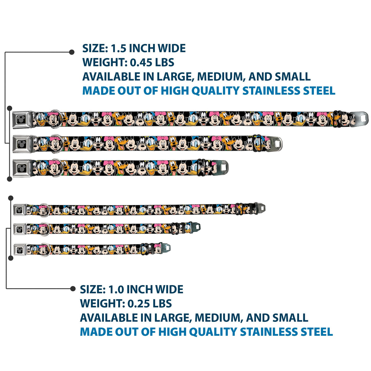 Mickey Silhouette Black Silver Seatbelt Buckle Collar - Classic Disney Character Faces Black