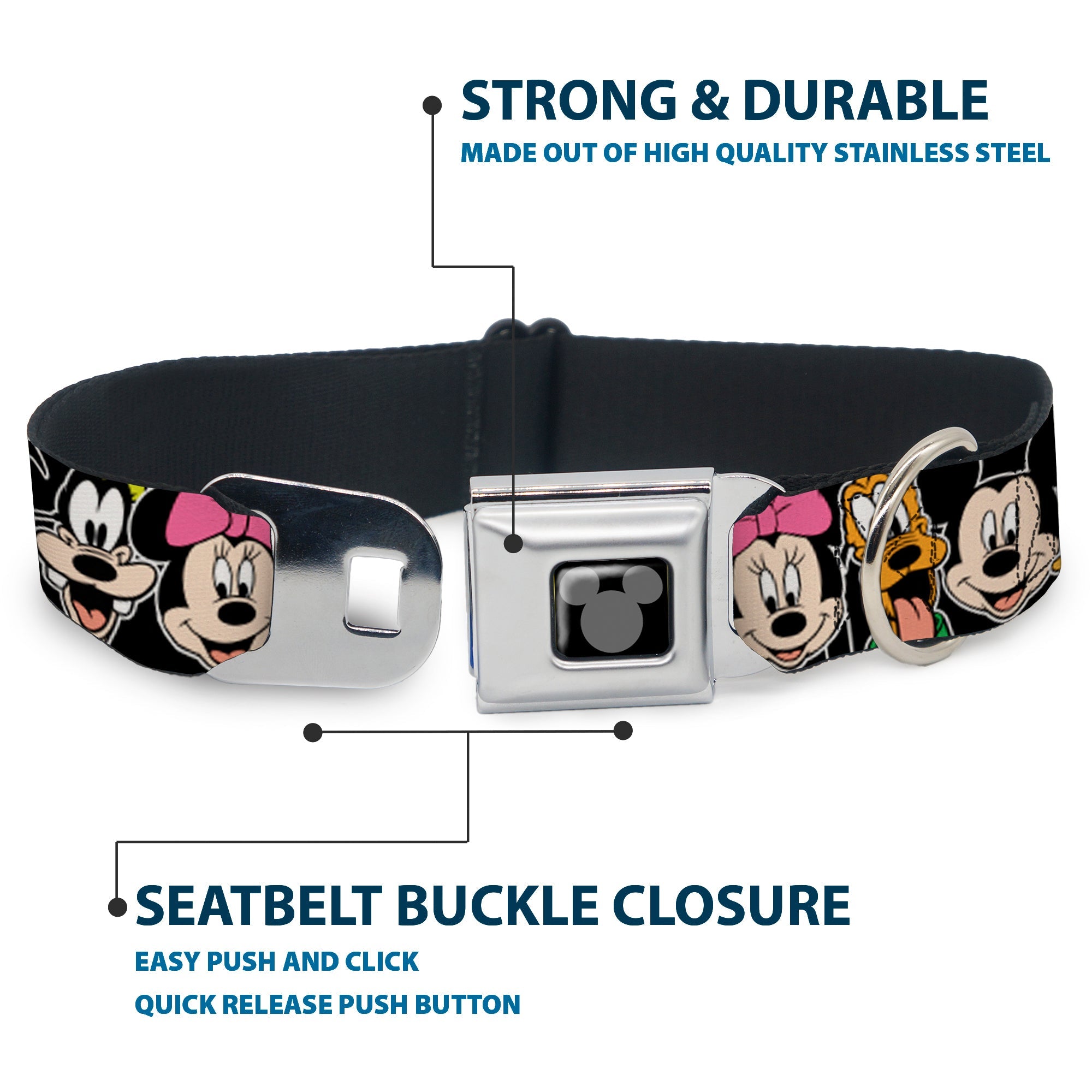 Mickey Silhouette Black Silver Seatbelt Buckle Collar - Classic Disney Character Faces Black