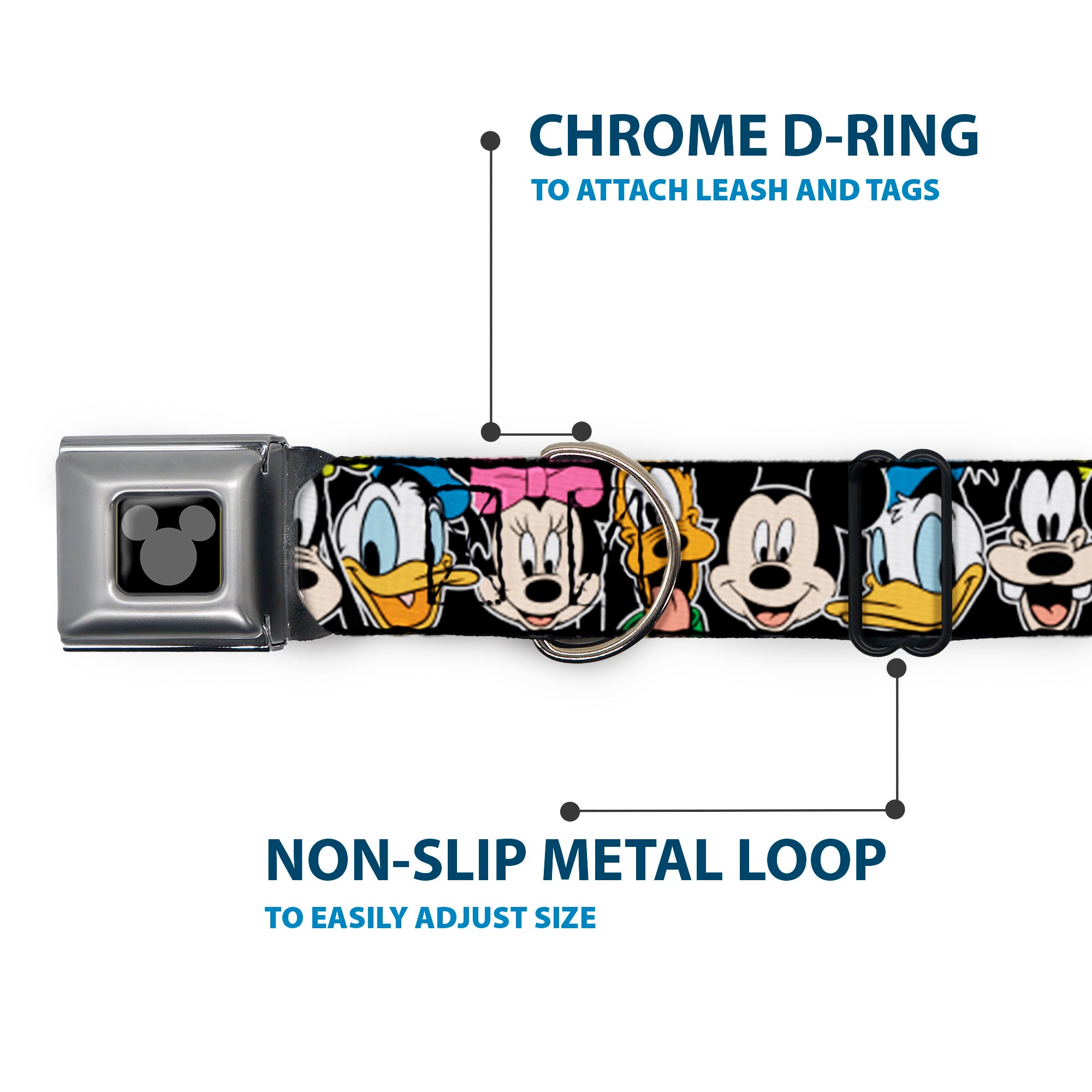 Mickey Silhouette Black Silver Seatbelt Buckle Collar - Classic Disney Character Faces Black