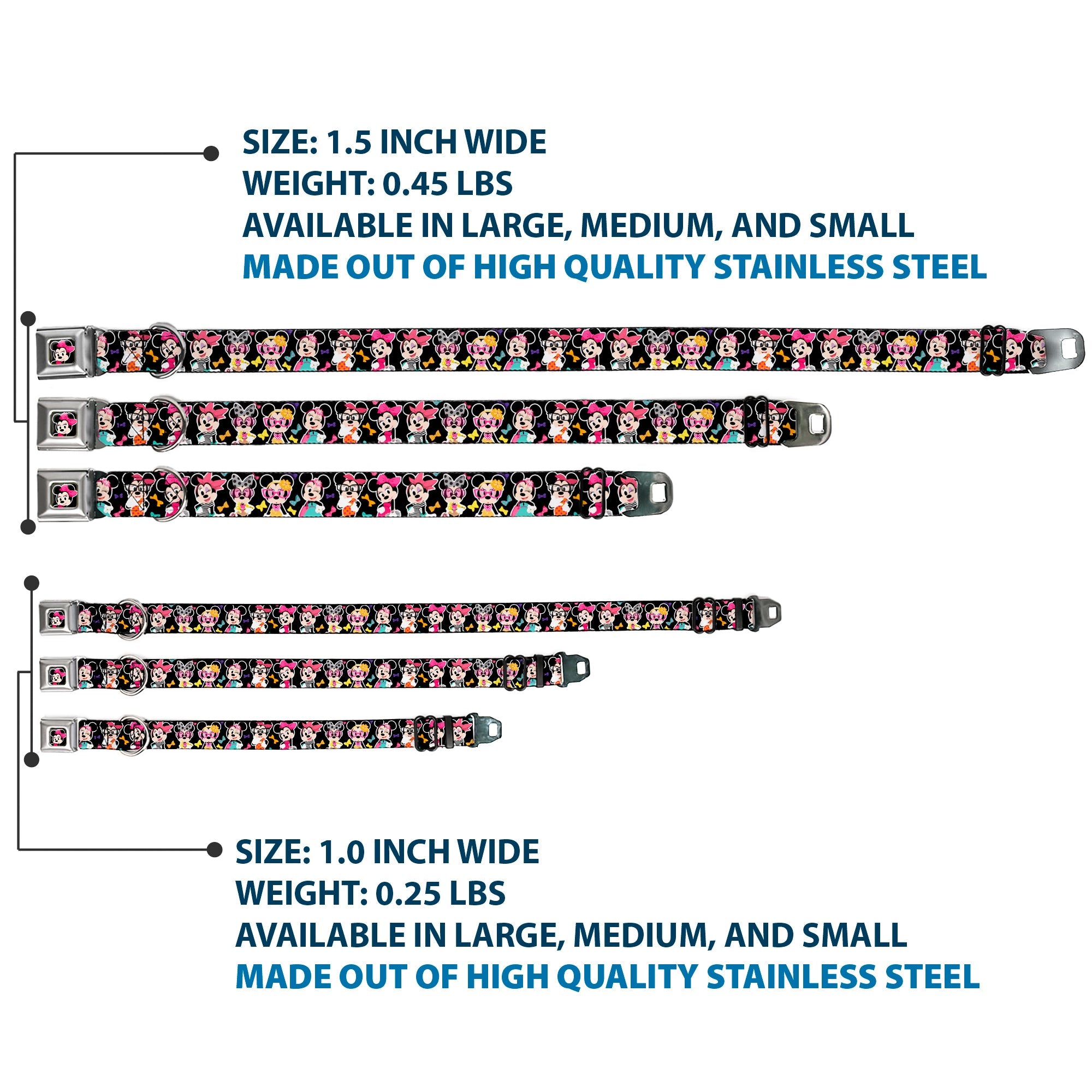 Mini Minnie Mouse Face CLOSE-UP Full Color Black Seatbelt Buckle Collar - Mini Minnie Expressions/Bows Black/Multi Color