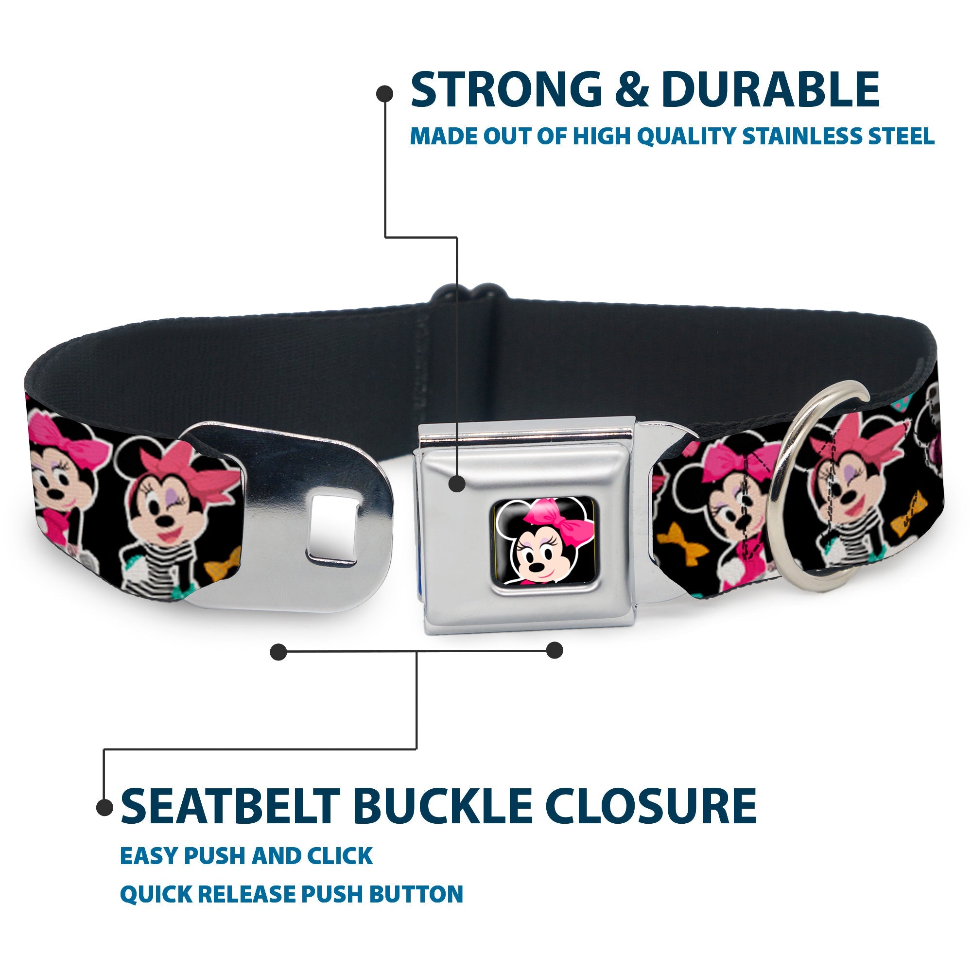 Mini Minnie Mouse Face CLOSE-UP Full Color Black Seatbelt Buckle Collar - Mini Minnie Expressions/Bows Black/Multi Color