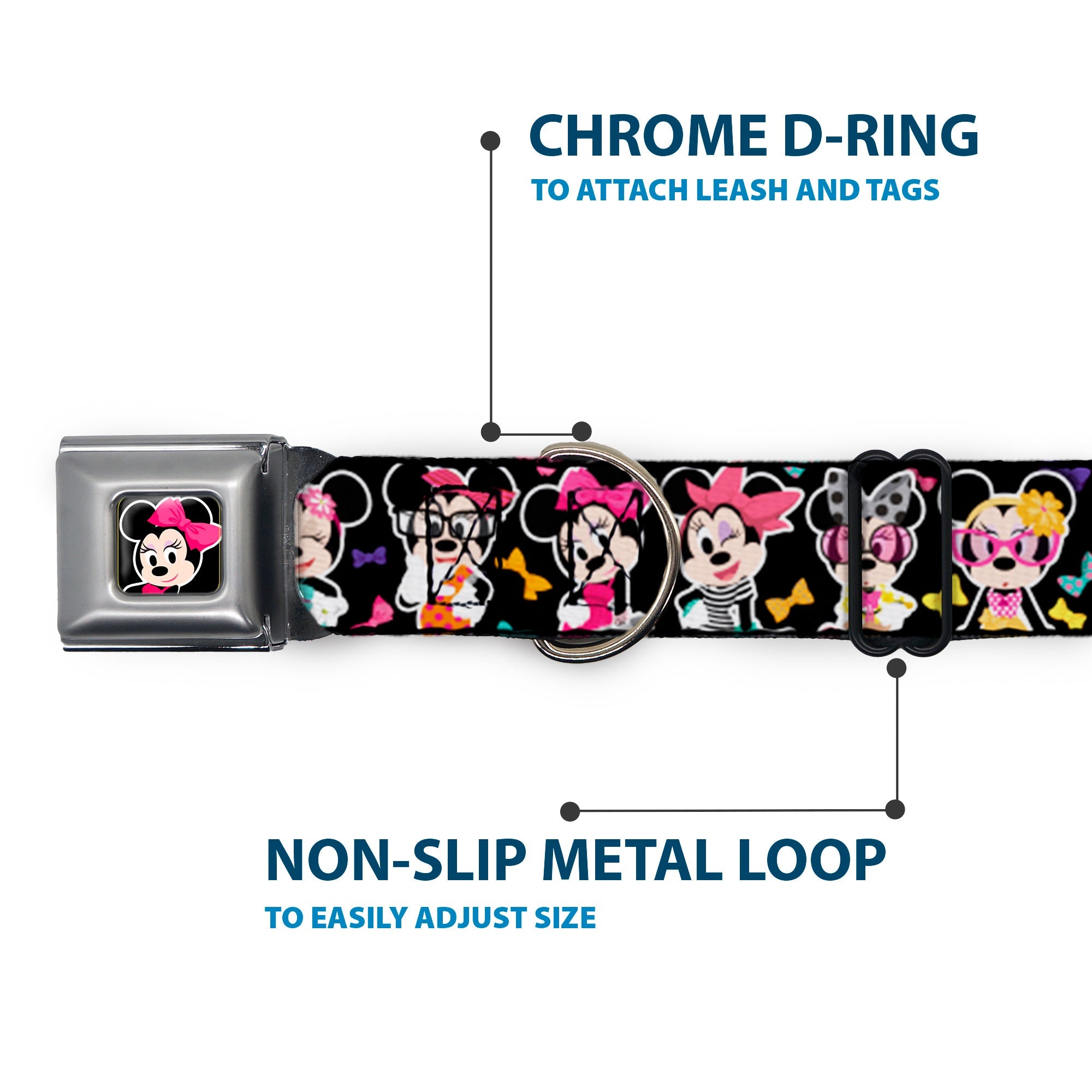 Mini Minnie Mouse Face CLOSE-UP Full Color Black Seatbelt Buckle Collar - Mini Minnie Expressions/Bows Black/Multi Color
