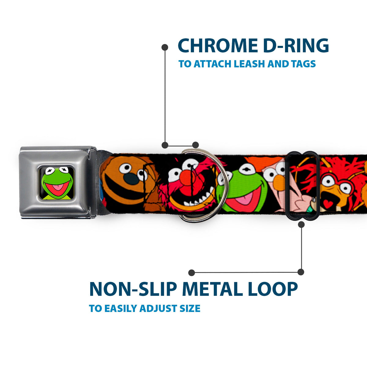 Kermit Face Full Color Black Seatbelt Buckle Collar - Muppets Faces Black