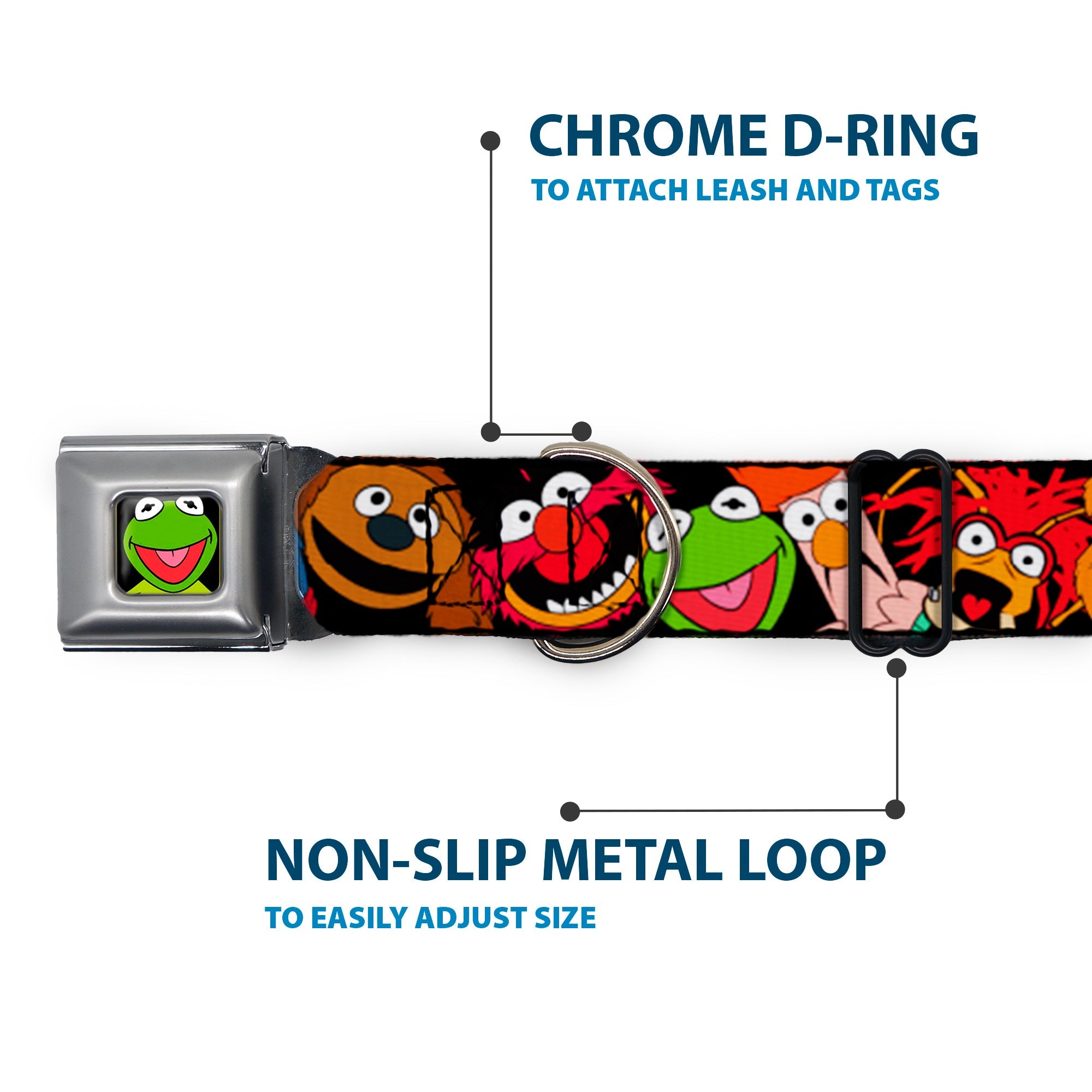 Kermit Face Full Color Black Seatbelt Buckle Collar - Muppets Faces Black