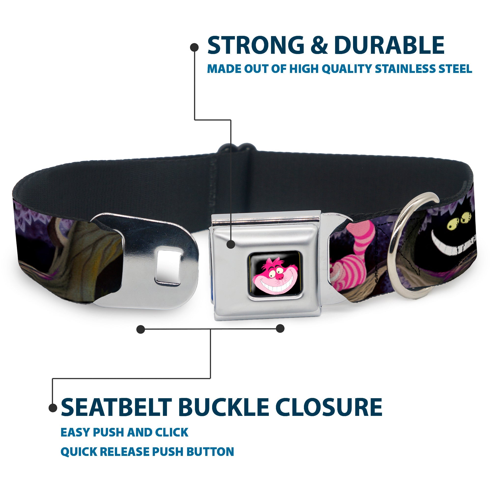 Cheshire Cat Face Full Color Black Seatbelt Buckle Collar - Alice & the Cheshire Cat Scenes
