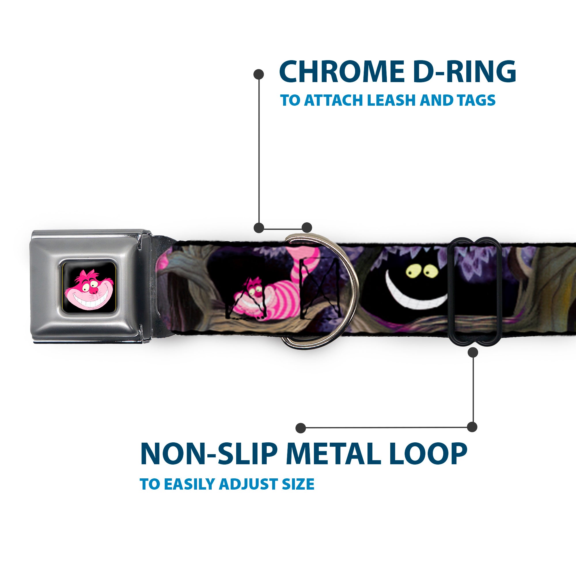 Cheshire Cat Face Full Color Black Seatbelt Buckle Collar - Alice & the Cheshire Cat Scenes